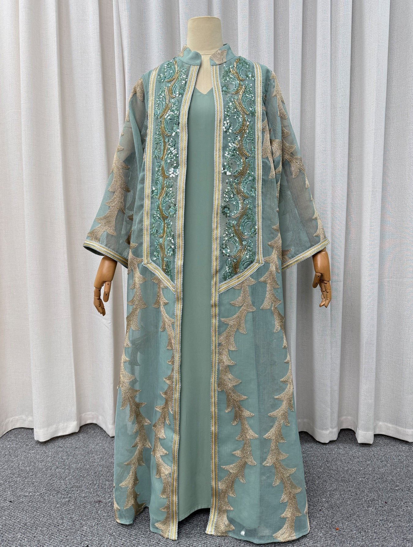 Heavy Beaded Sequin Embroidered Mesh Two-Piece Set Muslim Women Modest Maxi Abaya Jalabiya Kaftan Dress for Eid Ramadan
