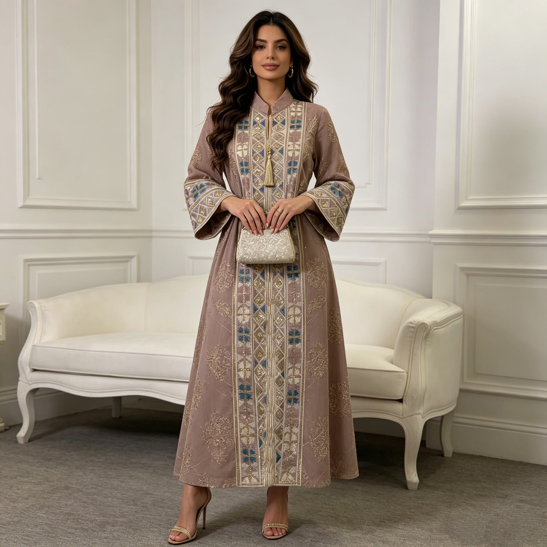 Black Cyan Ivory Peach V-Neck Heavy Embroidered Maxi Abaya Dress