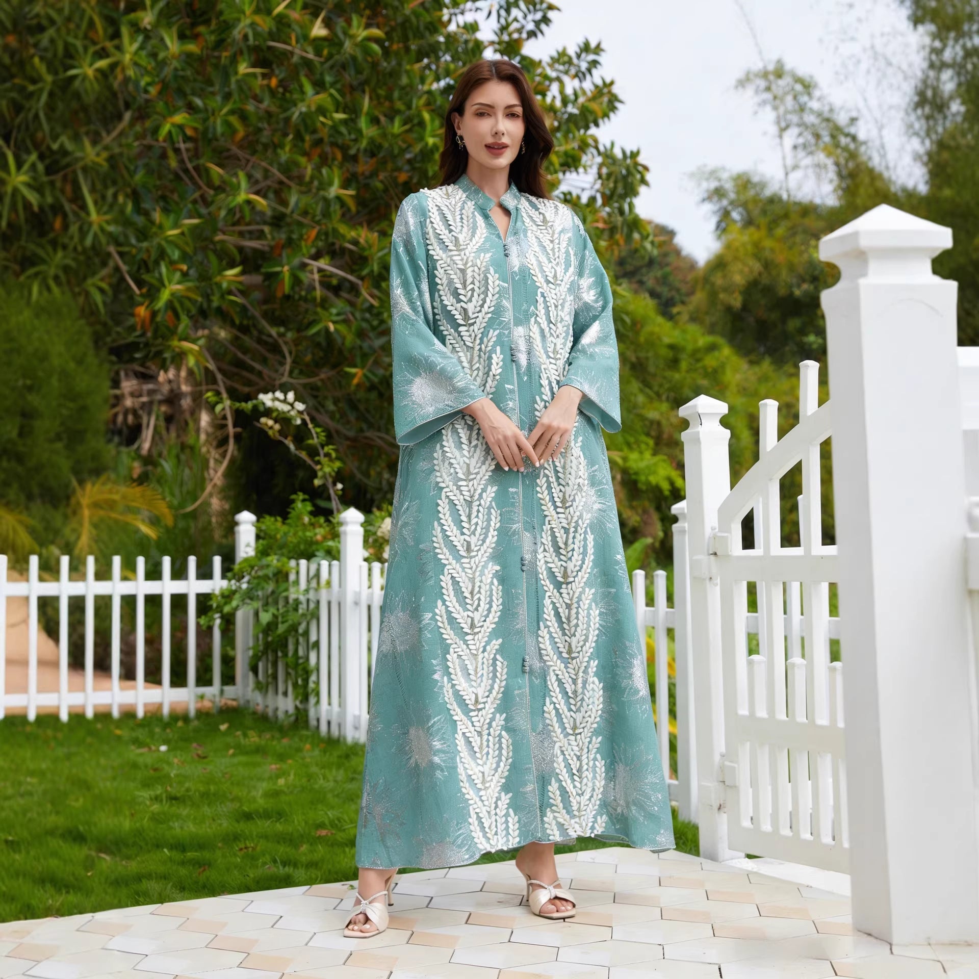 Arabian Gulf Premium Studio Designer Modest Attire Solid Soft Apricot Lightweight Sheer Organza All Over Muted Antique Botanical Motif Mini Stand Neck Handcrafted Oversized 3D Gold Cream Sequin Front Appliqué Loose Flowy Long Sleeves Unfitted Full Le