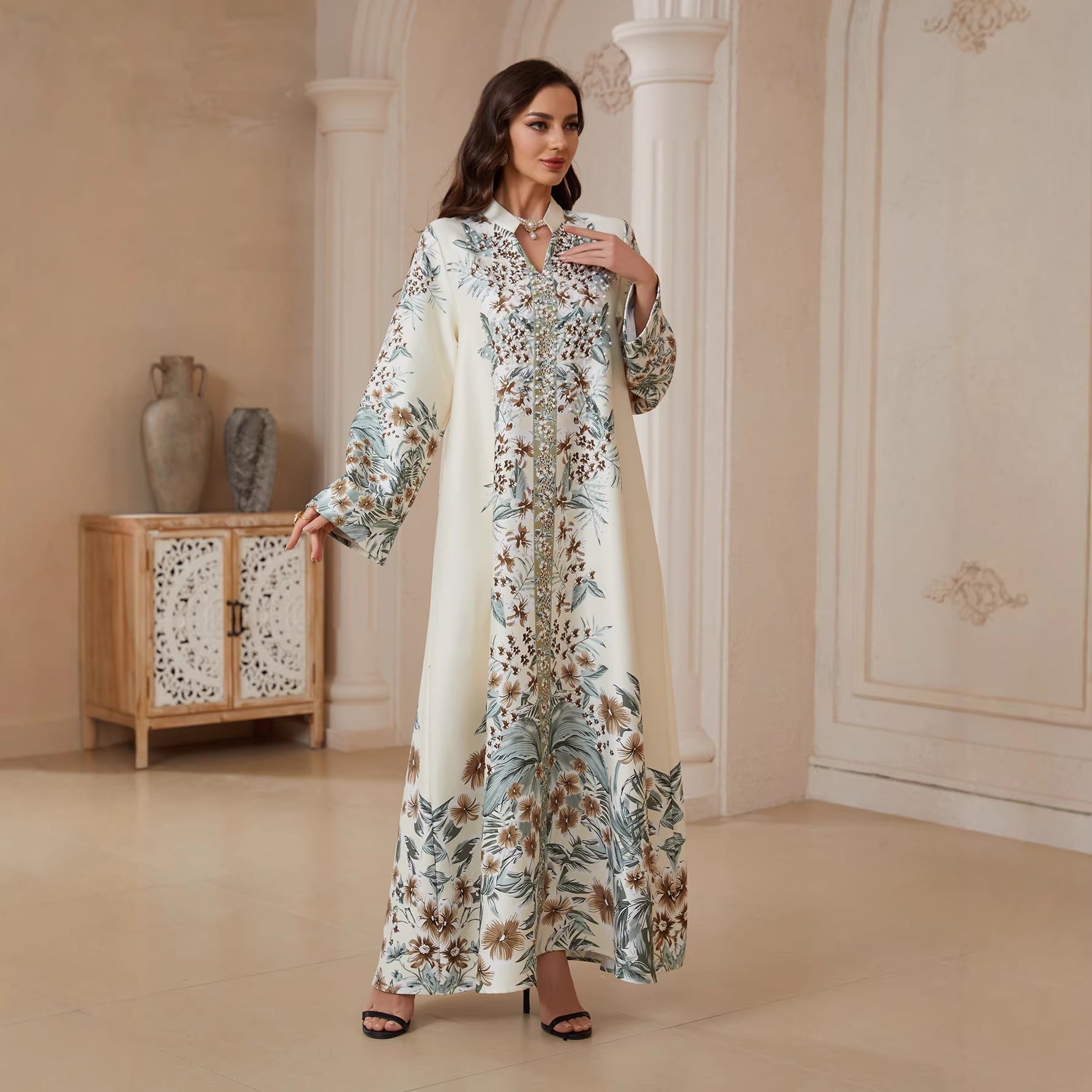 Confident Light Yellow Print Kaftan – Modest Muslim Plus-Size Maxi