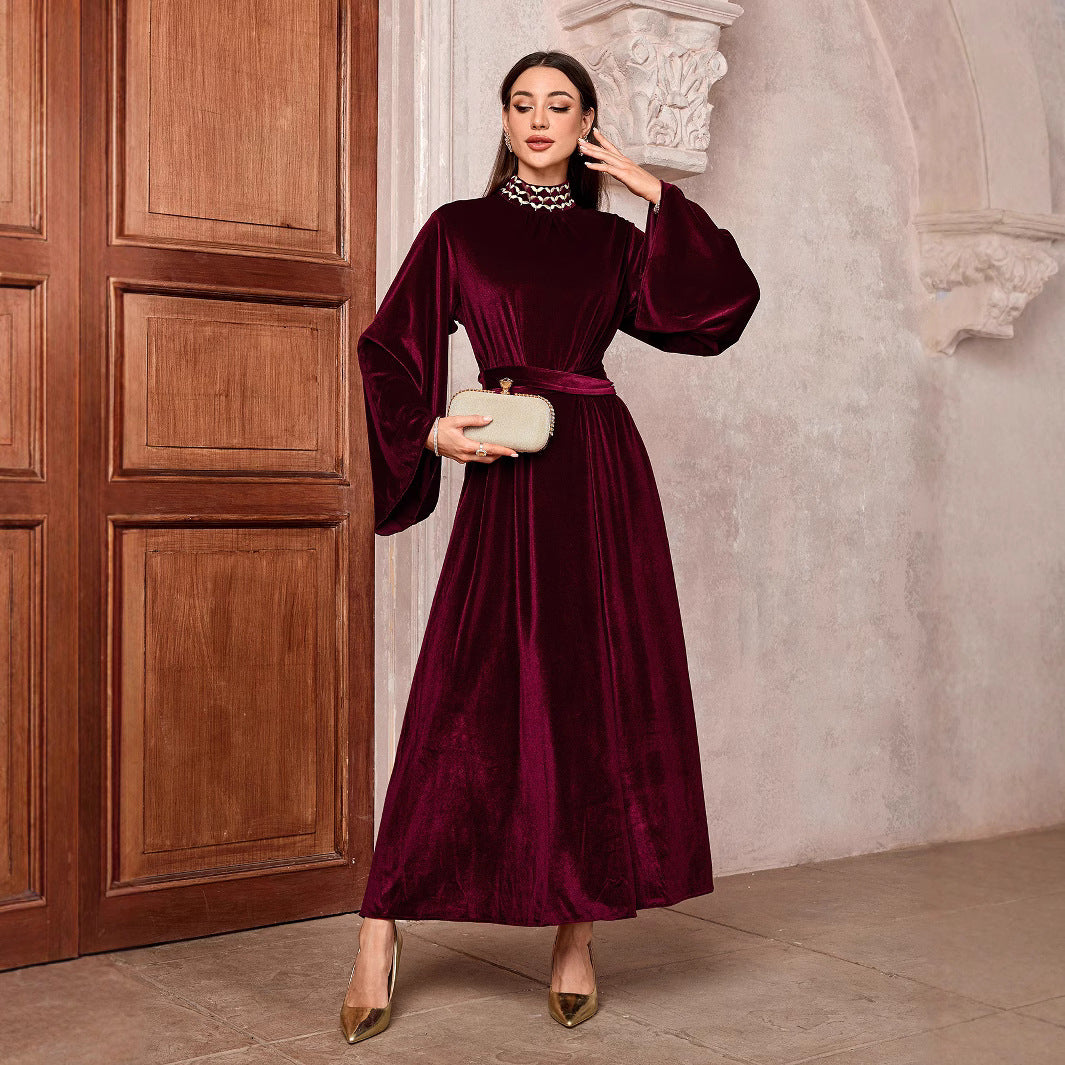 Embroidered Flare Sleeve Kaftan Dress with Belt Zipper Front Modest Long Maxi Jalabiya for Muslim Women Eid Daily Wear S-XL