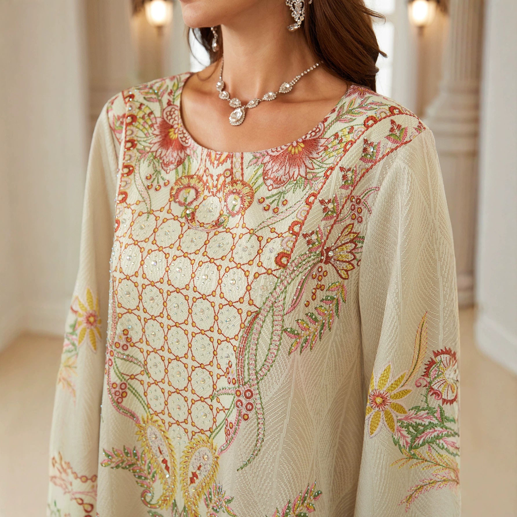 Light Beige Floral Paisley Embroidery Abaya Loose Wide Long Sleeve Full Length Modest Muslim Women Maxi Kaftan Dress For Wedding Daily Occasion
