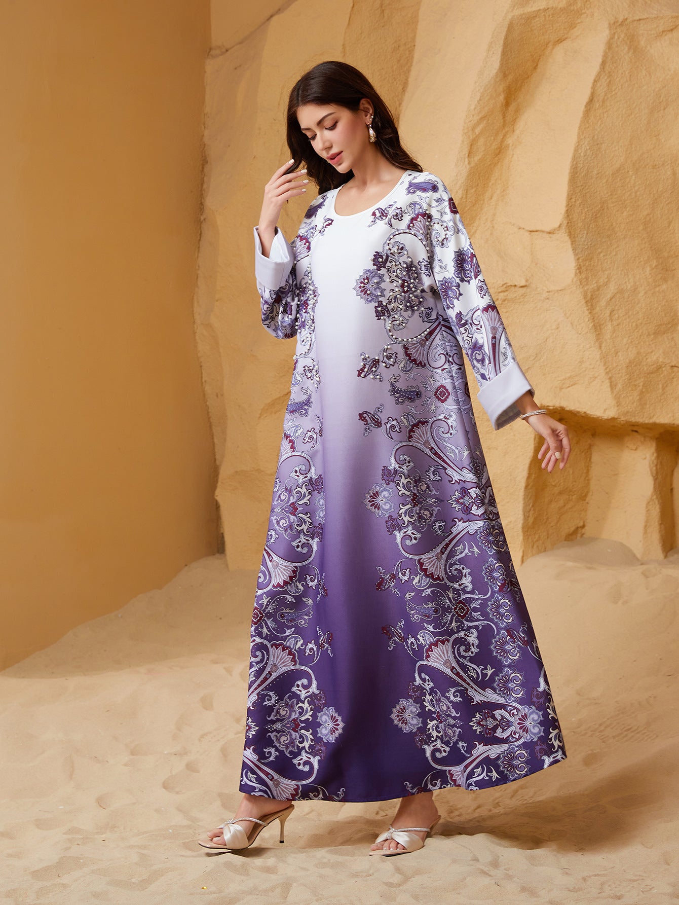 Purple Rhinestone Beaded Round Neck Floral Maxi Abaya Dress