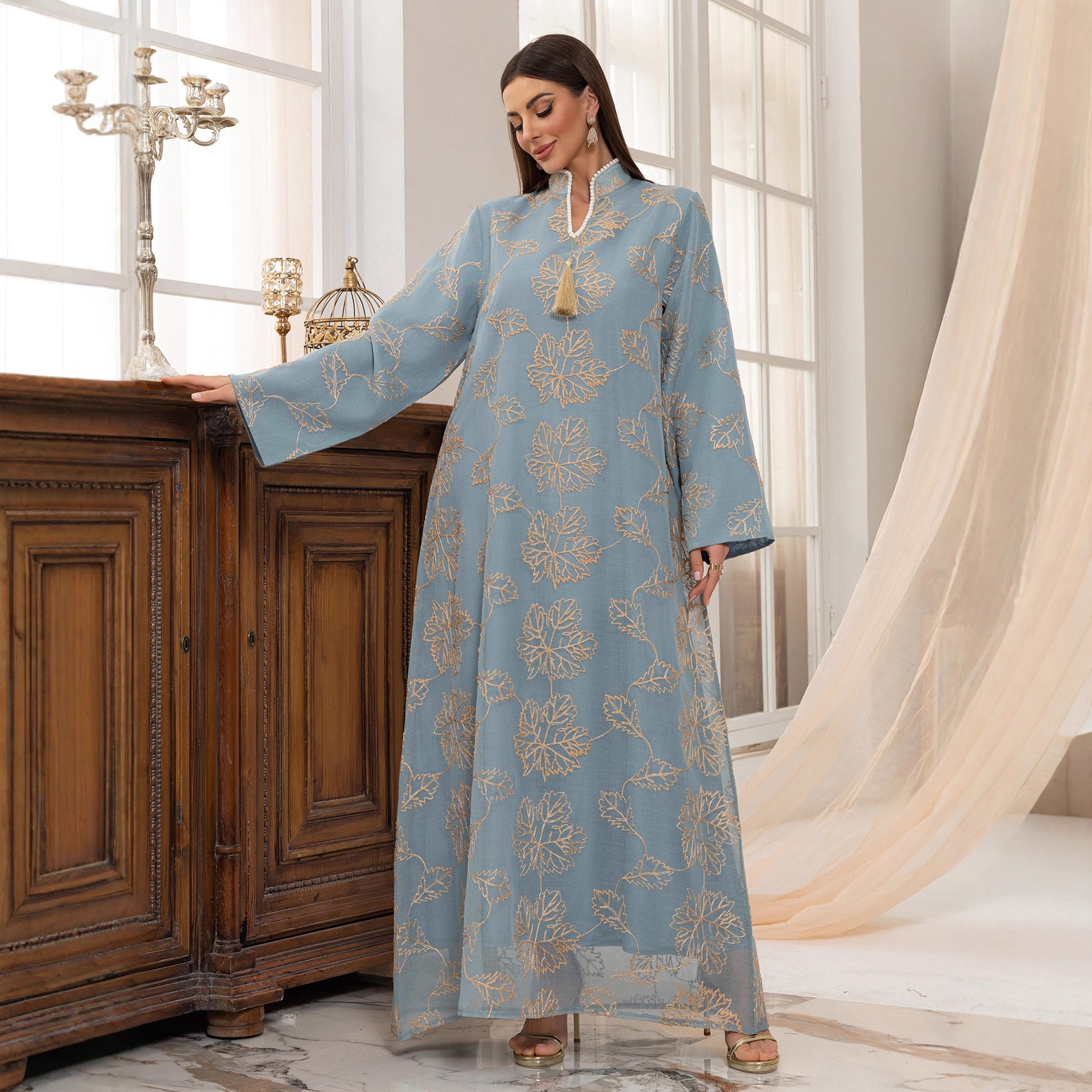 Fringed Leaf Embroidered Mesh Kaftan Dress Jalabiya Modest Long Maxi Dress for Muslim Women Eid Ramadan Daily Wear S-XXL