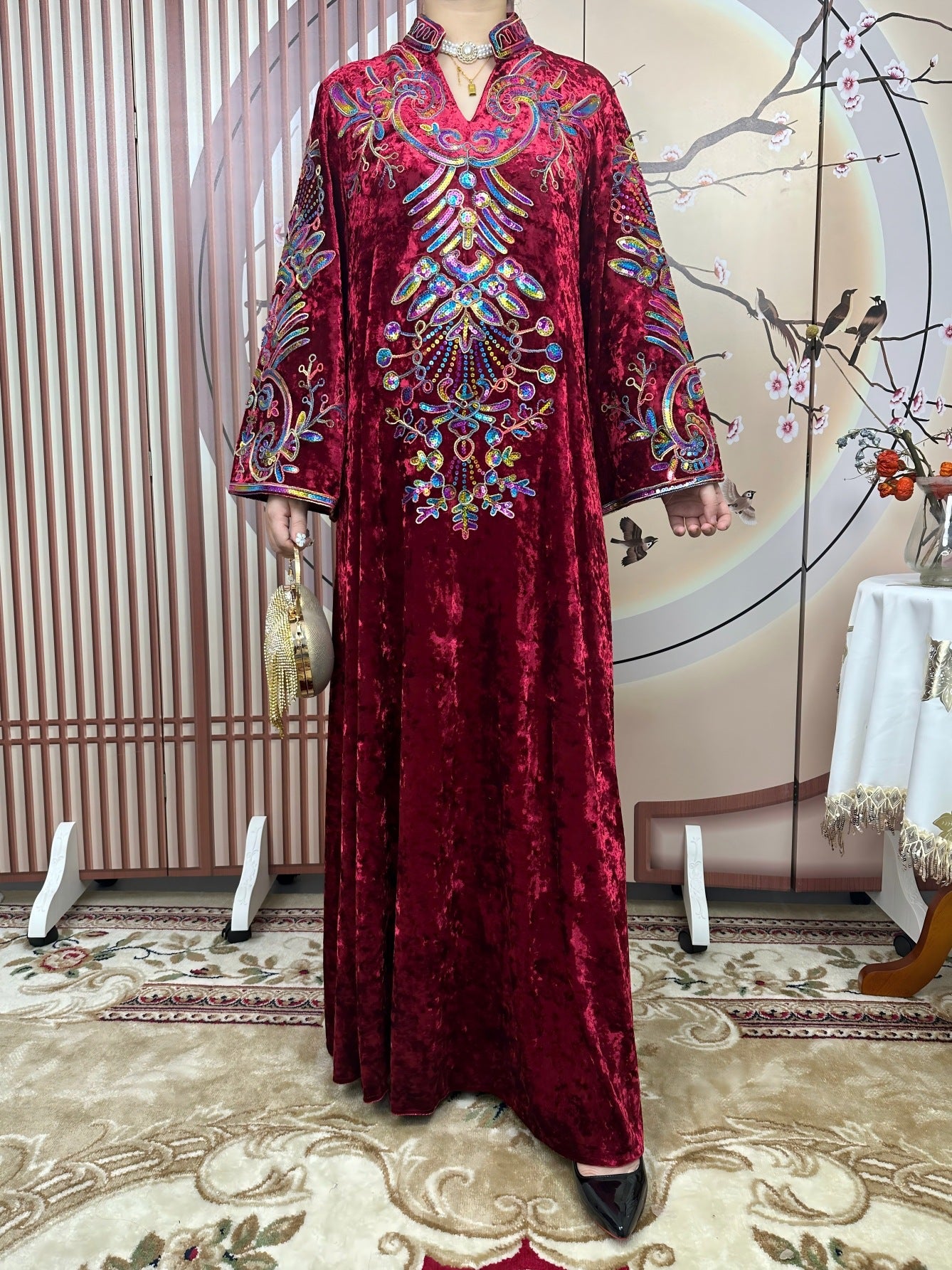 Burgundy Luxury Velvet Premium Oriental Craft Stand Collar V Notch Open Front Modest Maxi Tunic Thick Ice Velvet Plush Textile All Over Iridescent Rainbow Sequin Phoenix Bird Floral Heavy Embroidery Mandarin High Collar Full Front Colorful Shiny Rhin