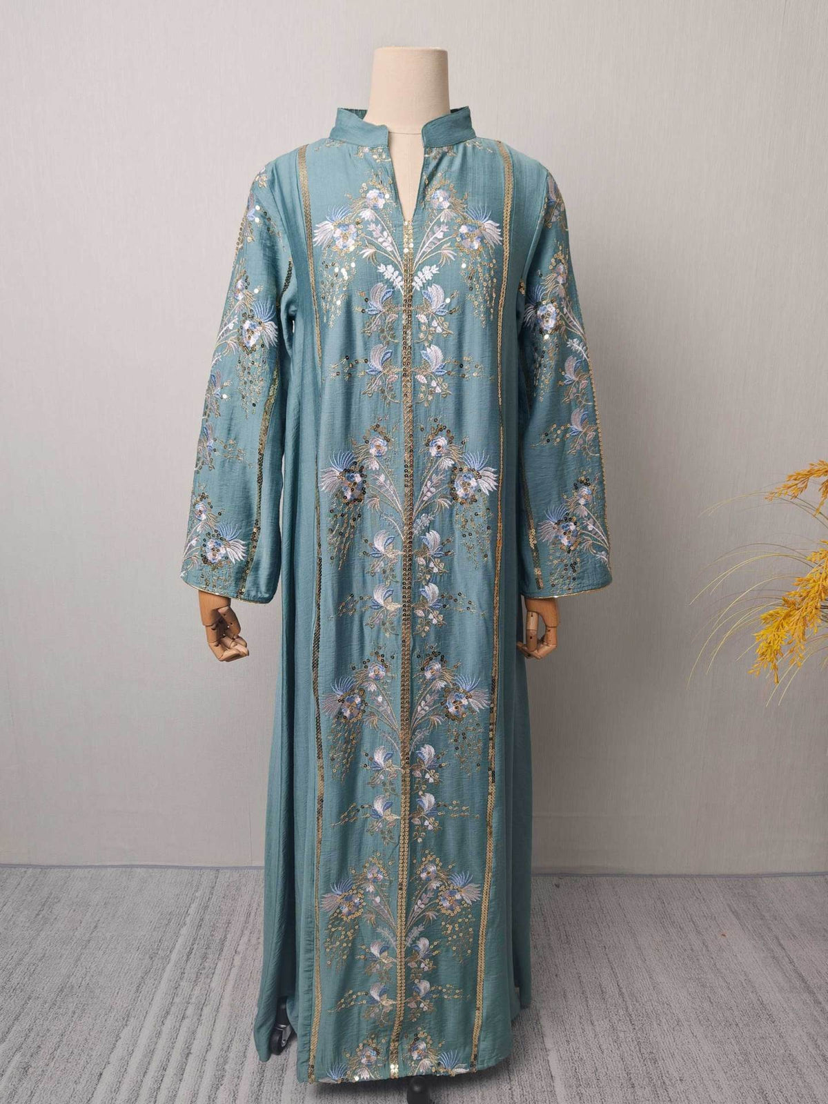 Vintage V-Neck Floral Embroidered Rayon Abaya Maxi Kaftan Dress for Muslim Women Elegant Ramadan Eid Celebration Gown - 251