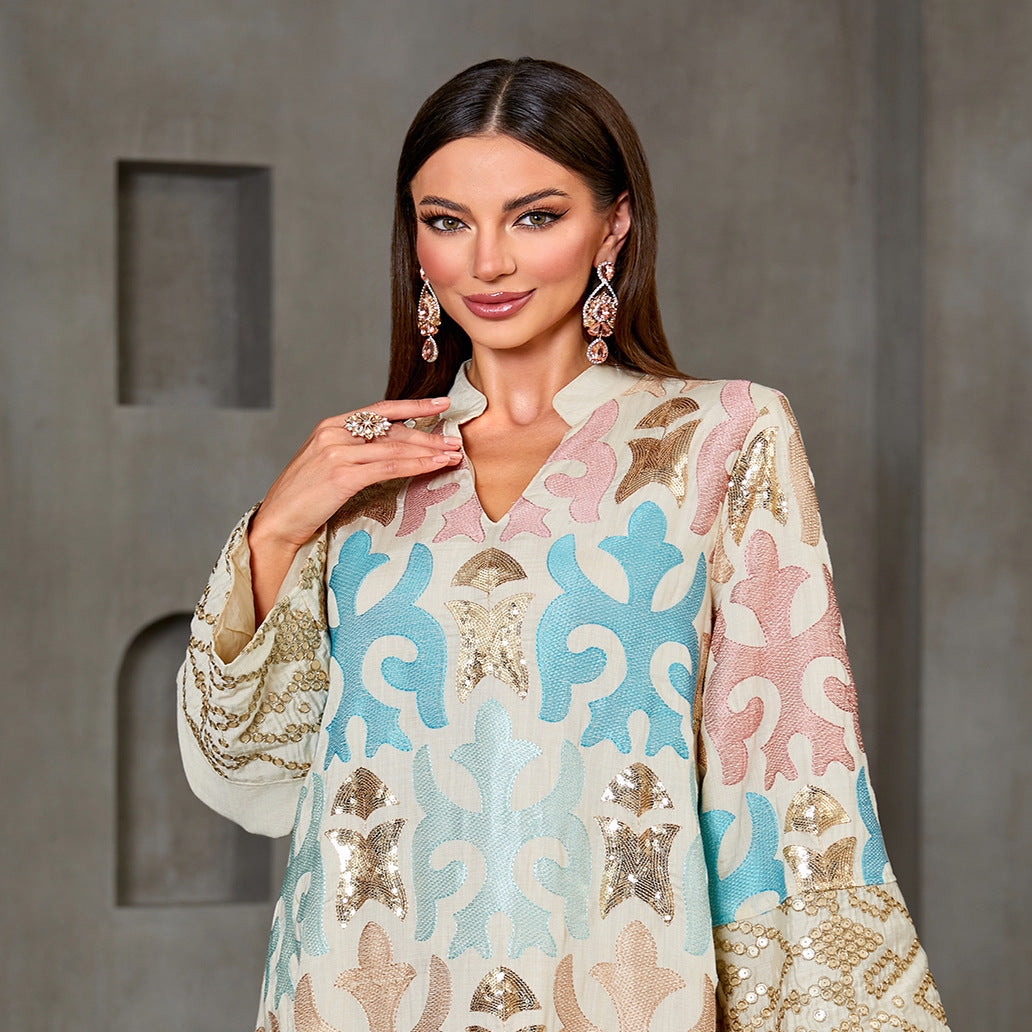 Apricot Sequin Embroidered Patchwork Beaded Long Jalabiya Modest Maxi Dress for Muslim Women Eid Ramadan Robe Gown with Lace Trim