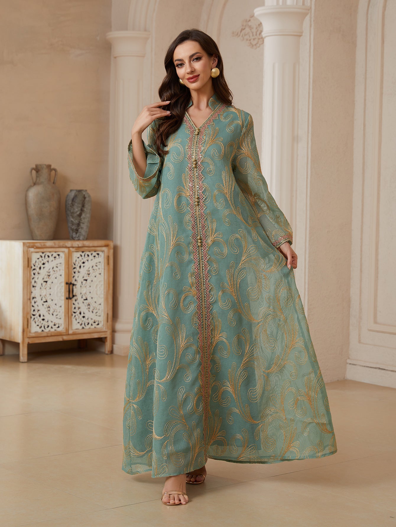 Elegant Embroidered Long-Sleeve Women's Abaya Gown