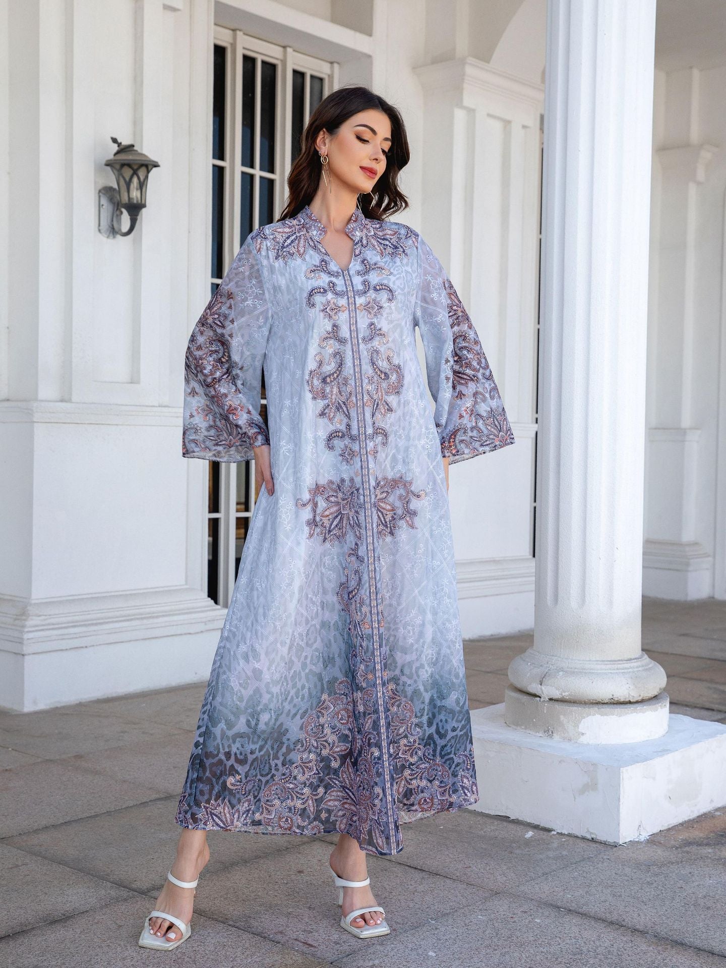 Boho Blue Rhinestone Embroidered Abaya – Modest Muslim Maxi Dress