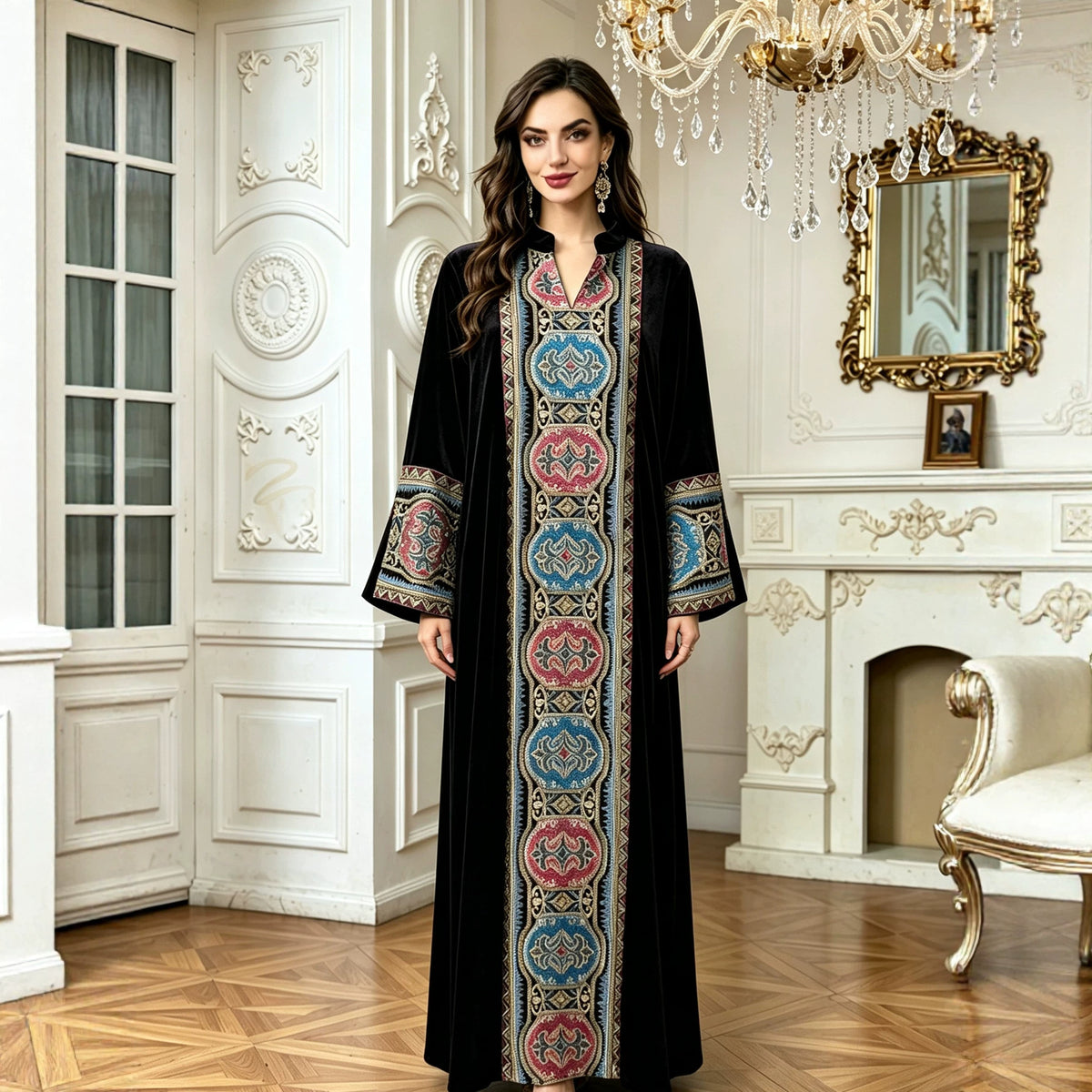 Wine Red Dark Green Black Velvet Embroidered Stand Collar Long Sleeve Gown Maxi Dress Modest Muslim Banquet