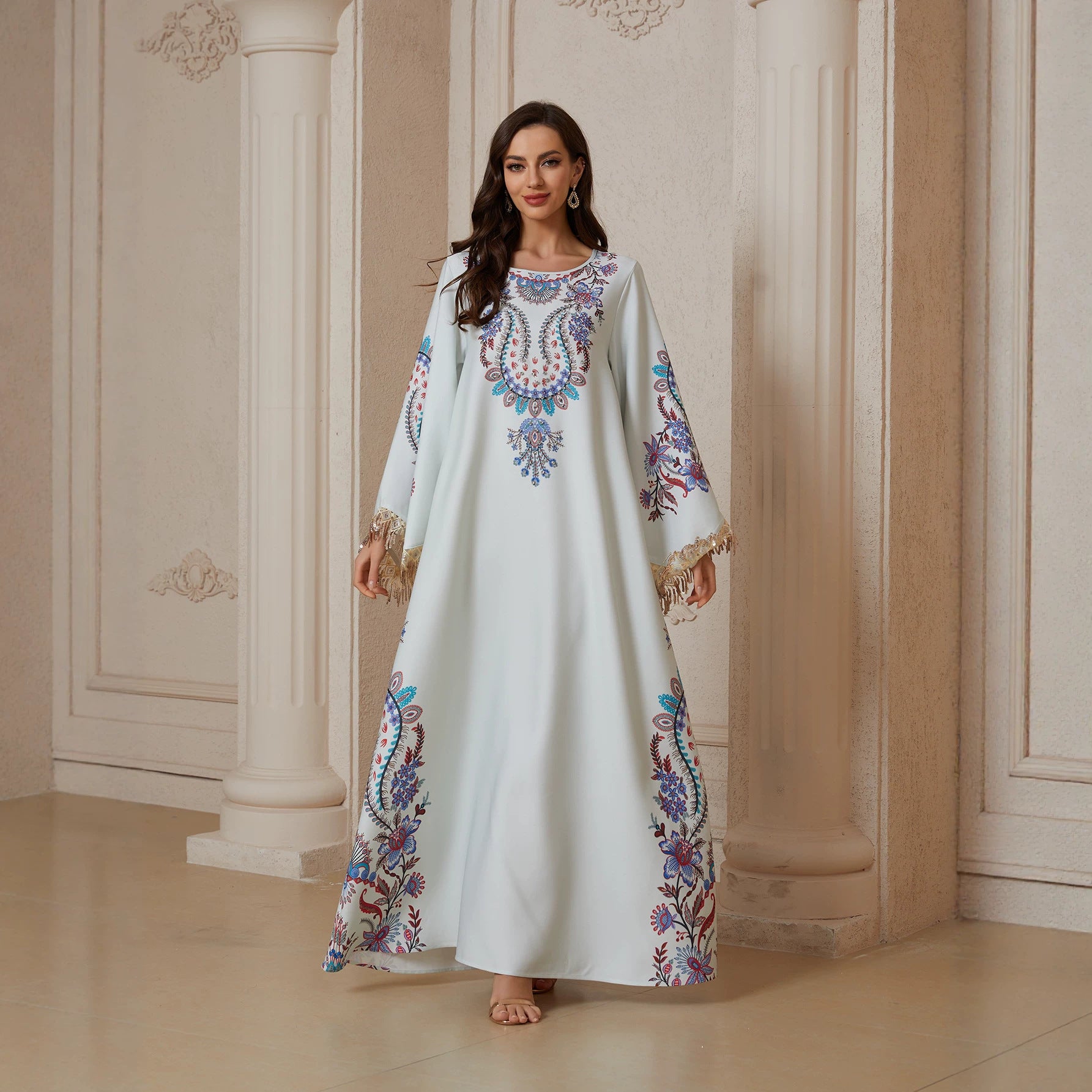 Women Round Neck Paisley Floral Embroidery Abaya Gold Sequin Fringe Wide Flare Sleeve Maxi Jalabiya White Crepe Ethnic Modest Gown For Eid Mubarak Ramadan Wedding Evening Party