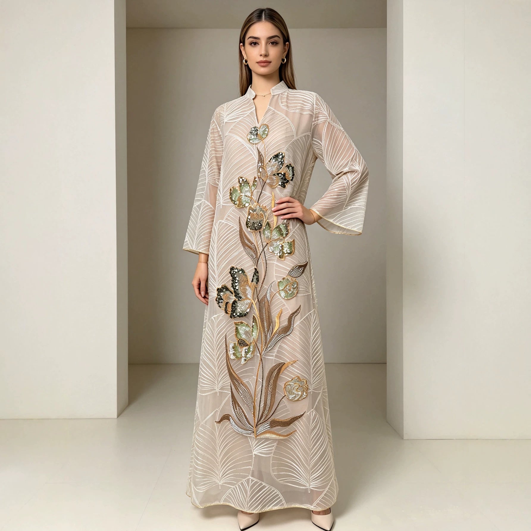 Apricot Emerald Green and Wine Red Leaf Pattern Embroidered Maxi Abaya