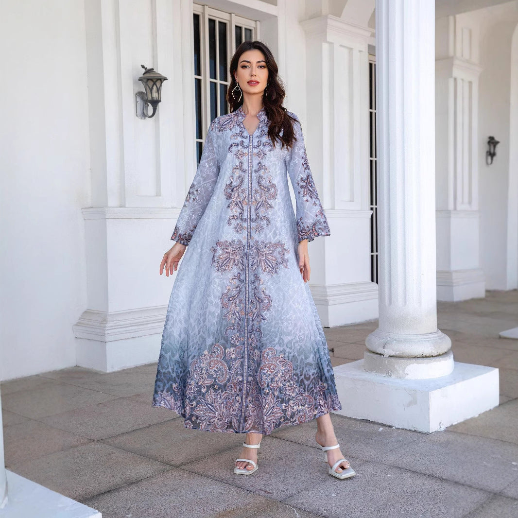 Boho Blue Rhinestone Embroidered Abaya – Modest Muslim Maxi Dress