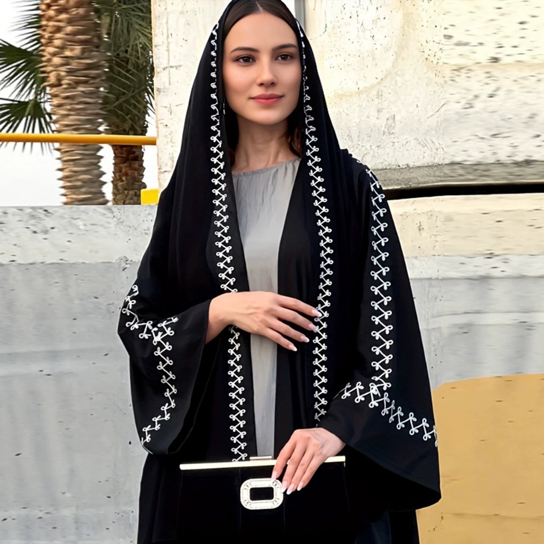 Embroidered Open-Front Cardigan with Hijab Set Jalabiya Abaya Long Maxi Dress for Muslim Women Eid Ramadan Banquet Gown S-XXL