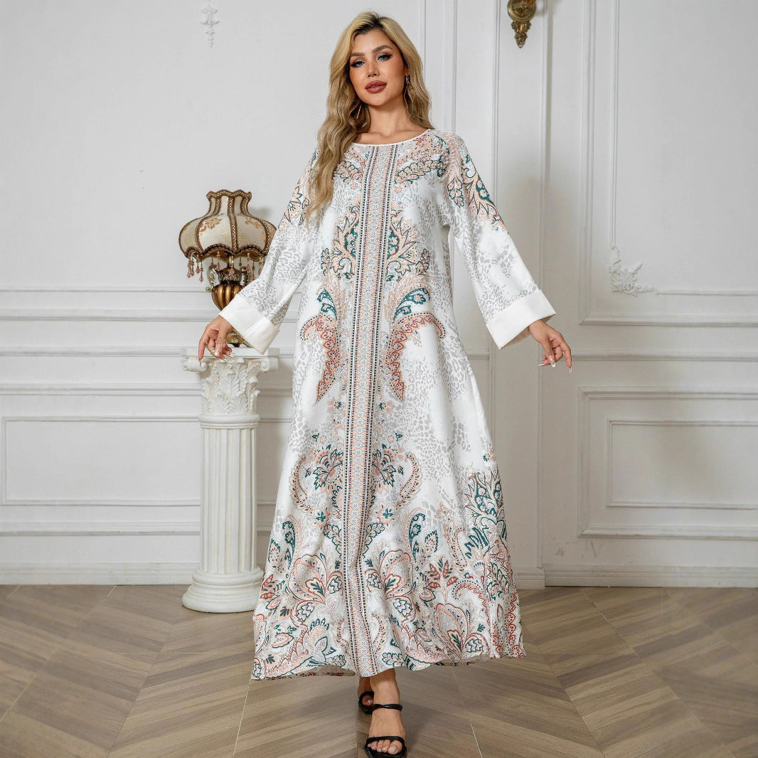 White Floral Print Mandarin Collar Rhinestone Plus Size Maxi Abaya Dress