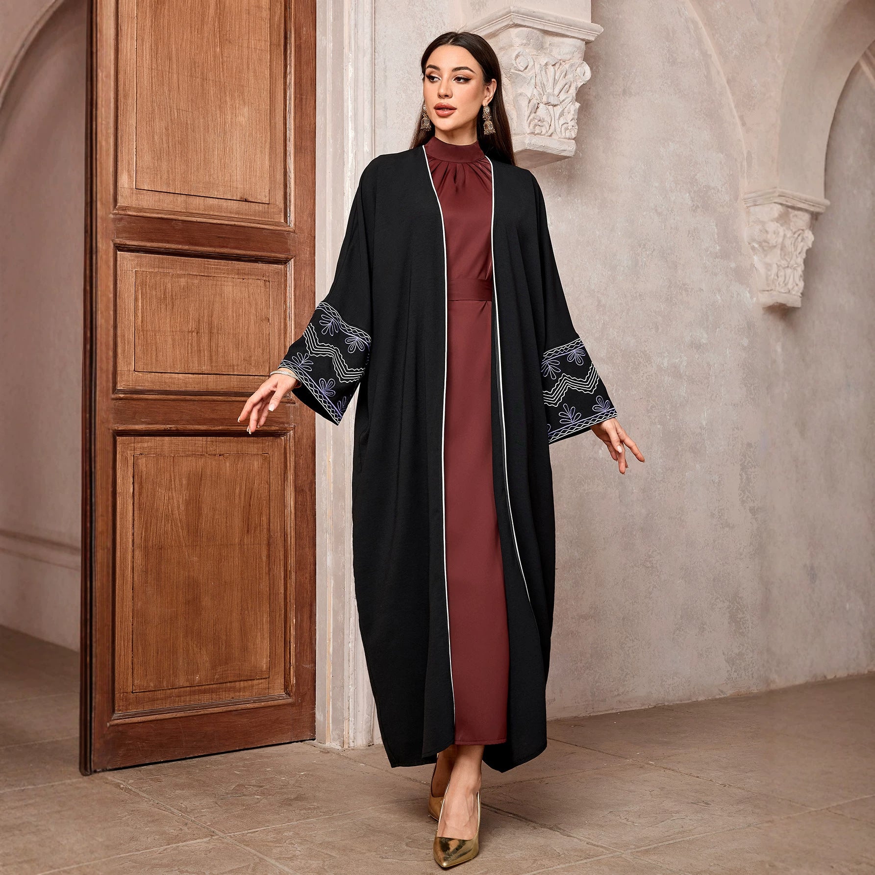 Vintage Embroidered Long Robe Abaya Cardigan Modest Maxi Dress Jalabiya for Muslim Women Eid Ramadan Prayer Wear One Size