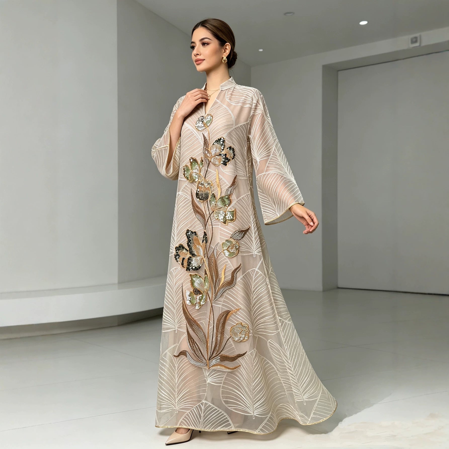 Apricot Emerald Green and Wine Red Leaf Pattern Embroidered Maxi Abaya