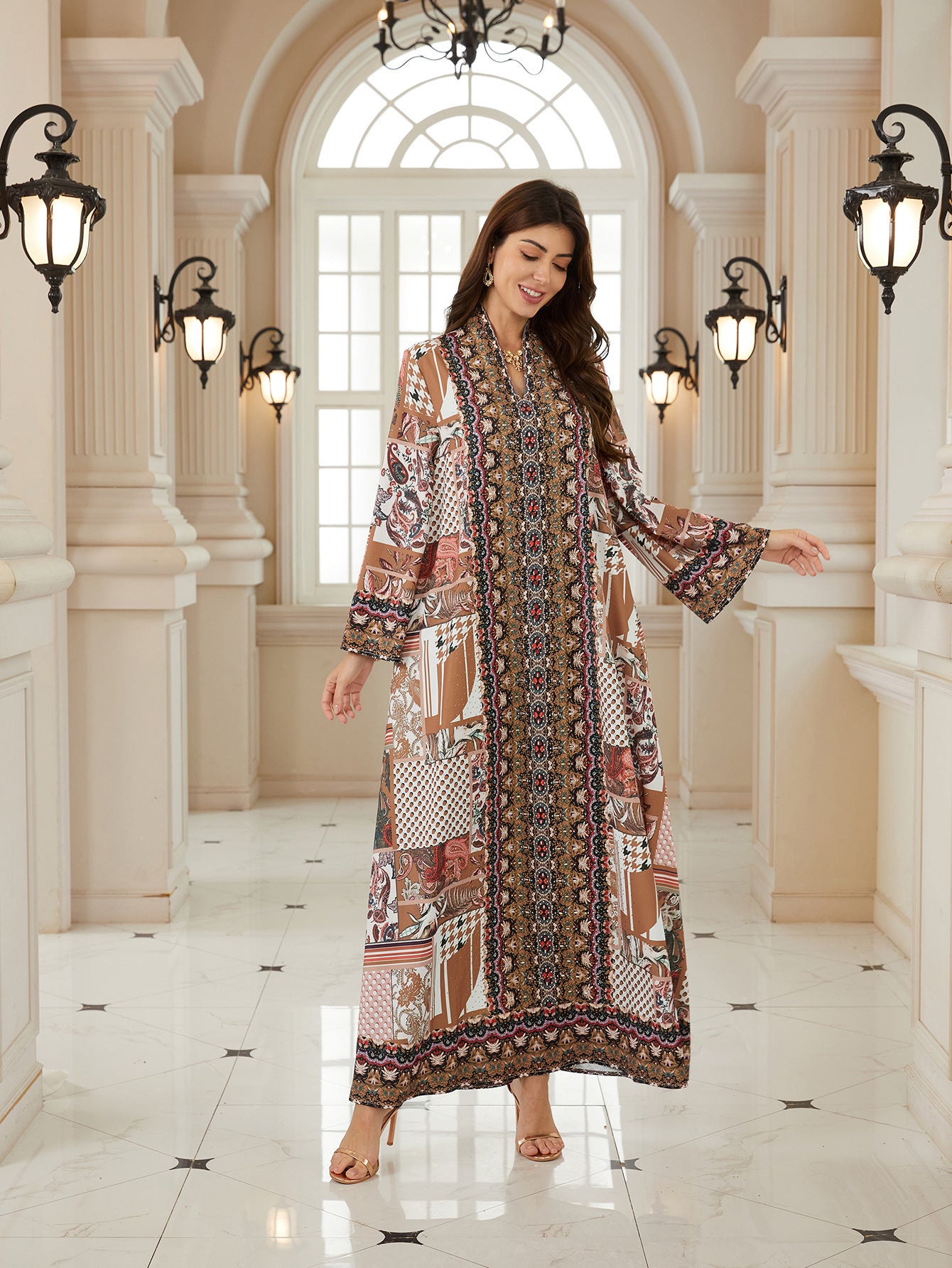 Charming Floral Jalabiya – Rhinestone Embroidered Muslim Maxi Dress