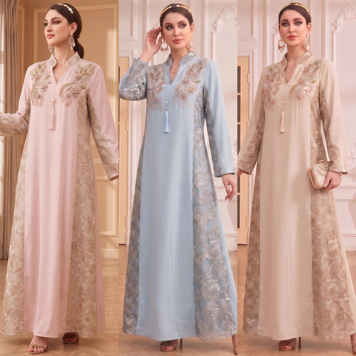 Ivory Pink Light Blue V-Neck Beaded Embroidered Evening Maxi Abaya