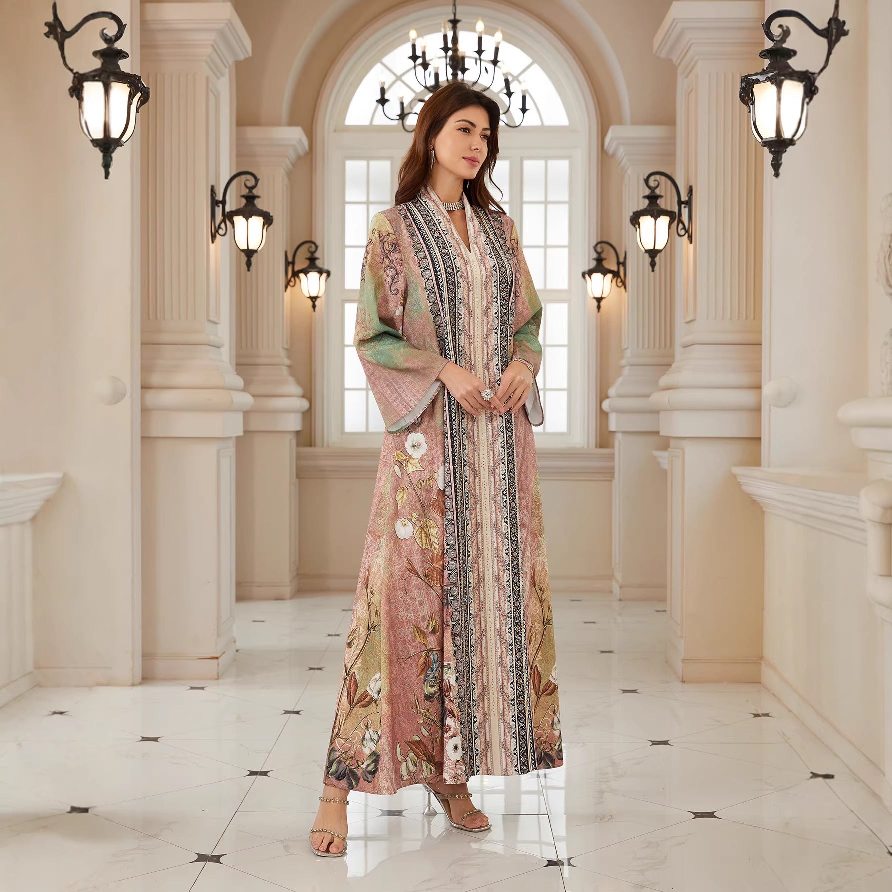 Fresh Floral Spring Kaftan – Rhinestone Modest Pullover Dress
