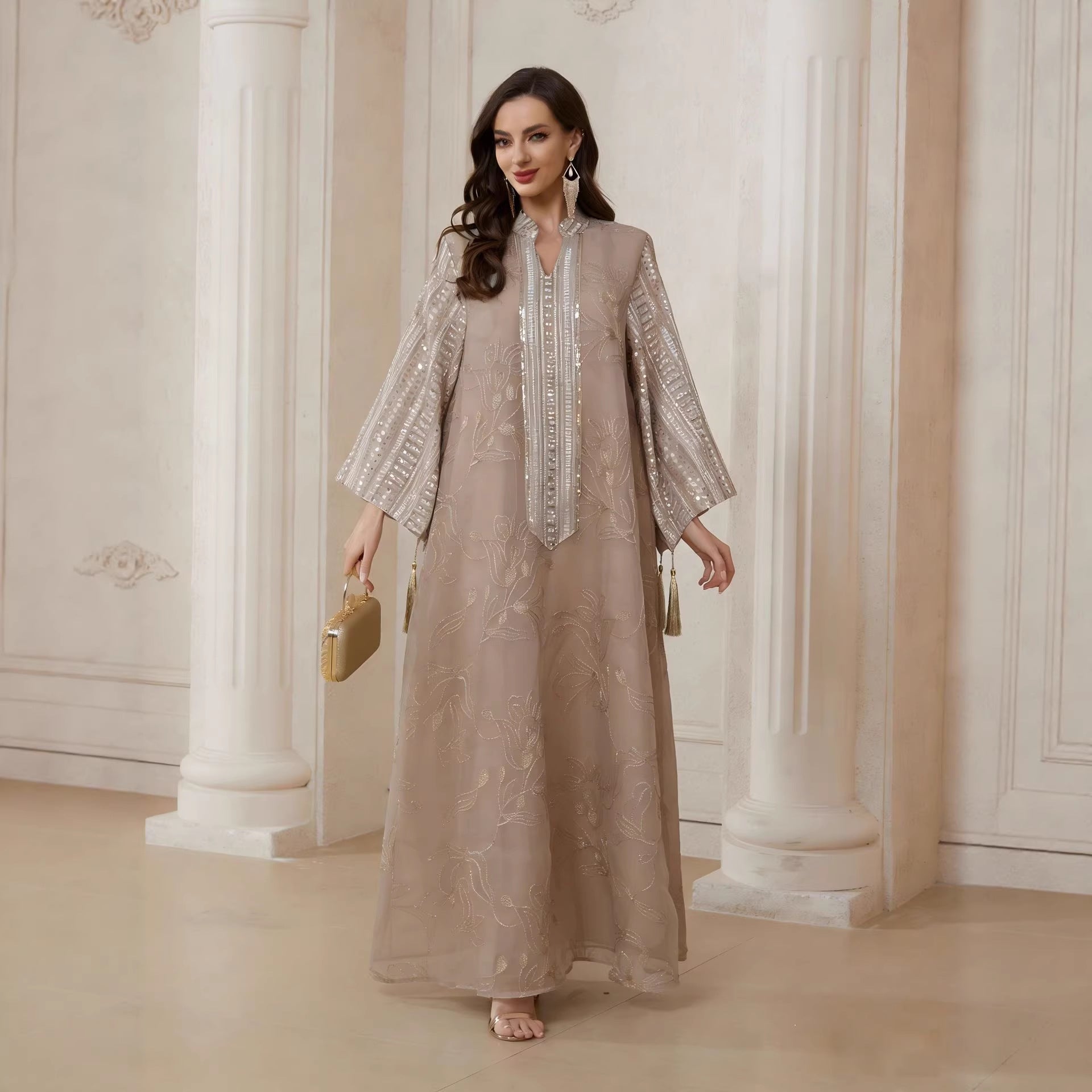 Sage Green Nude Burgundy 3 Tone Embroidered Muslim Maxi Dress Sequin Sleeve Flowy Chiffon Ramadan Vacation Robe