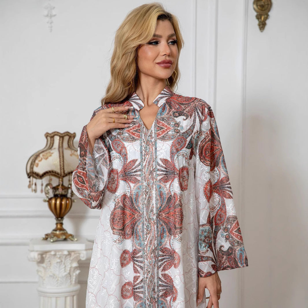 White Floral Print Rhinestone Embroidered Maxi Abaya Dress