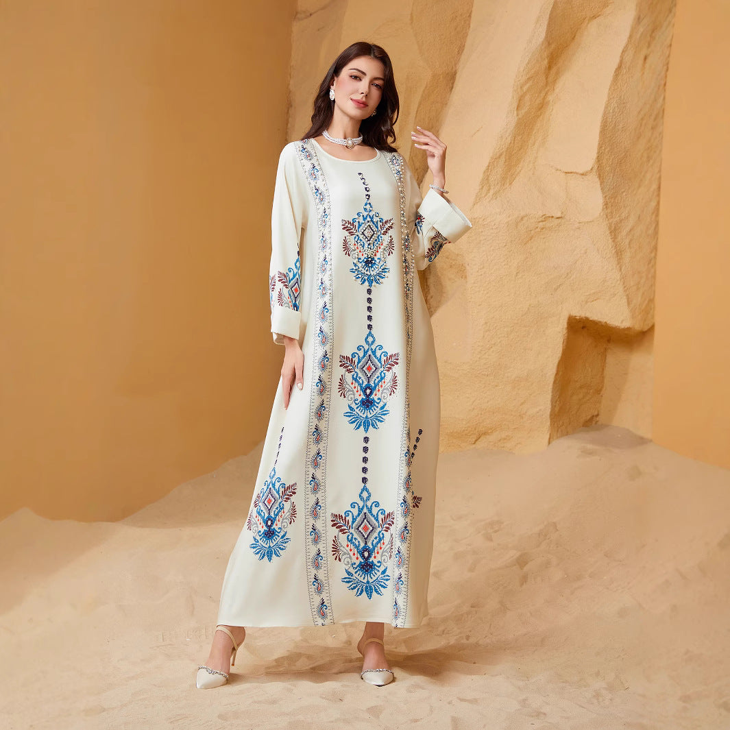 White Printed Abaya Maxi Dress - Flowing Modest Muslim Robe