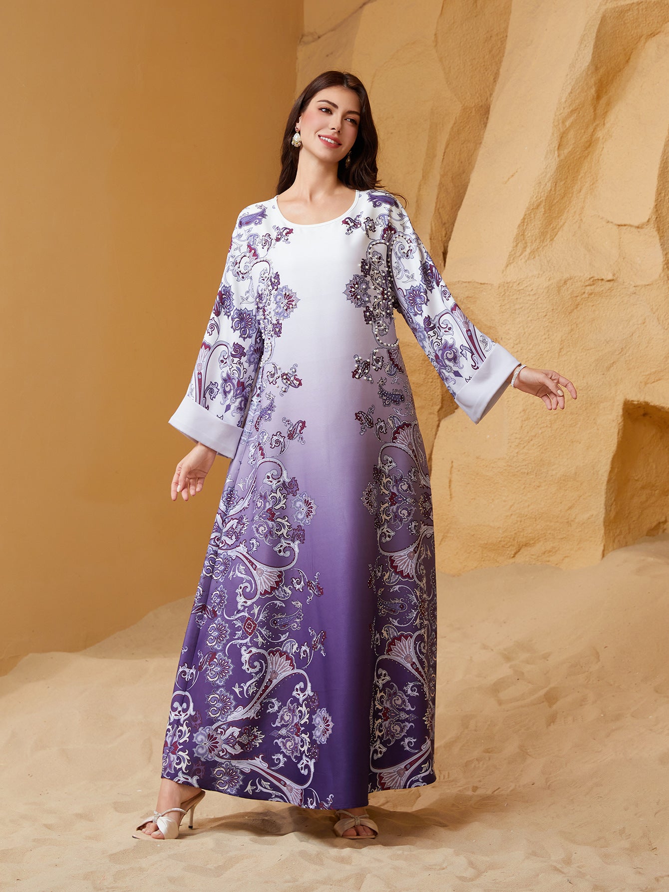 Purple Rhinestone Beaded Round Neck Floral Maxi Abaya Dress