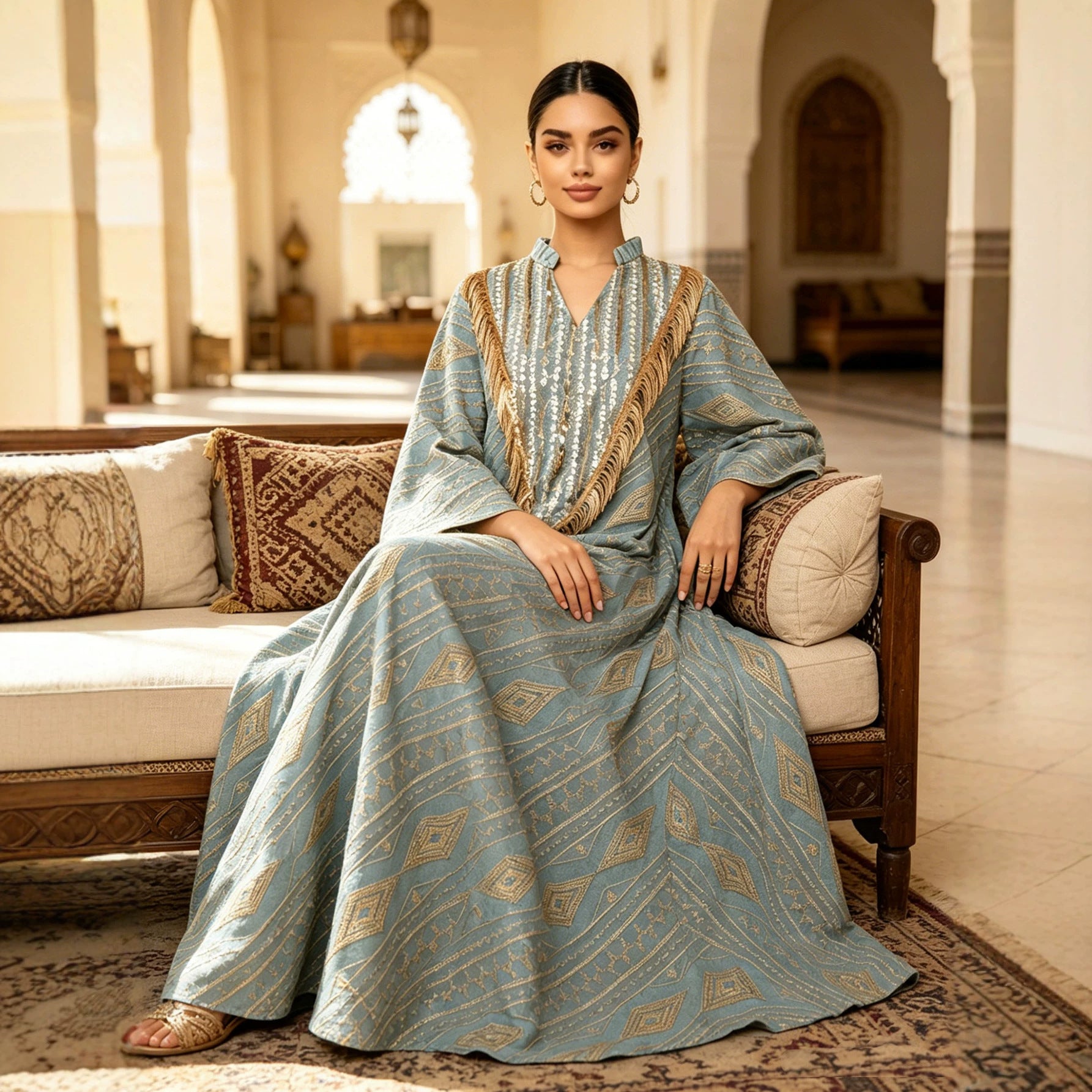 Elegant Embroidered Mesh Long Dress Abaya Kaftan Modest Maxi Dress for Muslim Women Eid Ramadan Festive Wear S-XXL