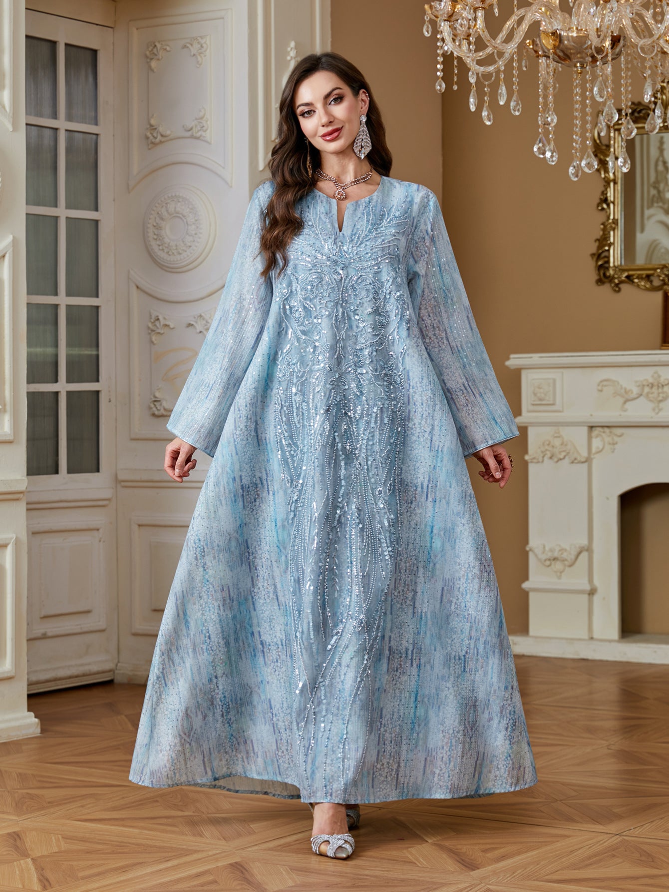 Soft Glossy Modest Long Robe For Ladies Vertical Sequined Craft Oversized Flare Sleeve Muslim Gown Pink Blue Green Tie Dye Pattern Formal Occasion Outfit