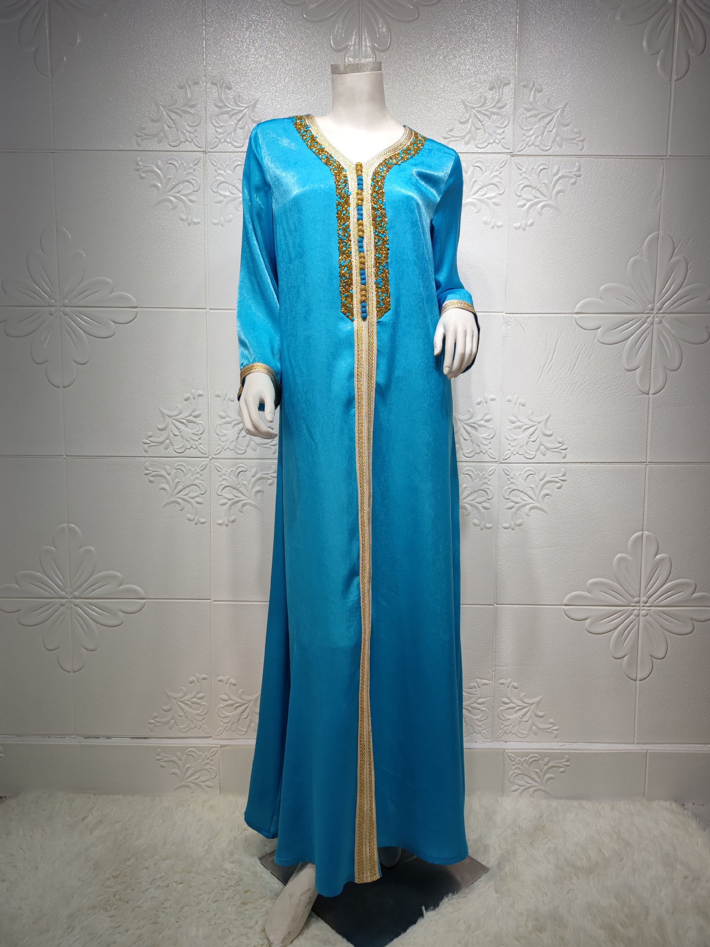 Moroccan Velvet Rhinestone Patchwork Ribbon Trim Plus Size Modest Maxi Dress