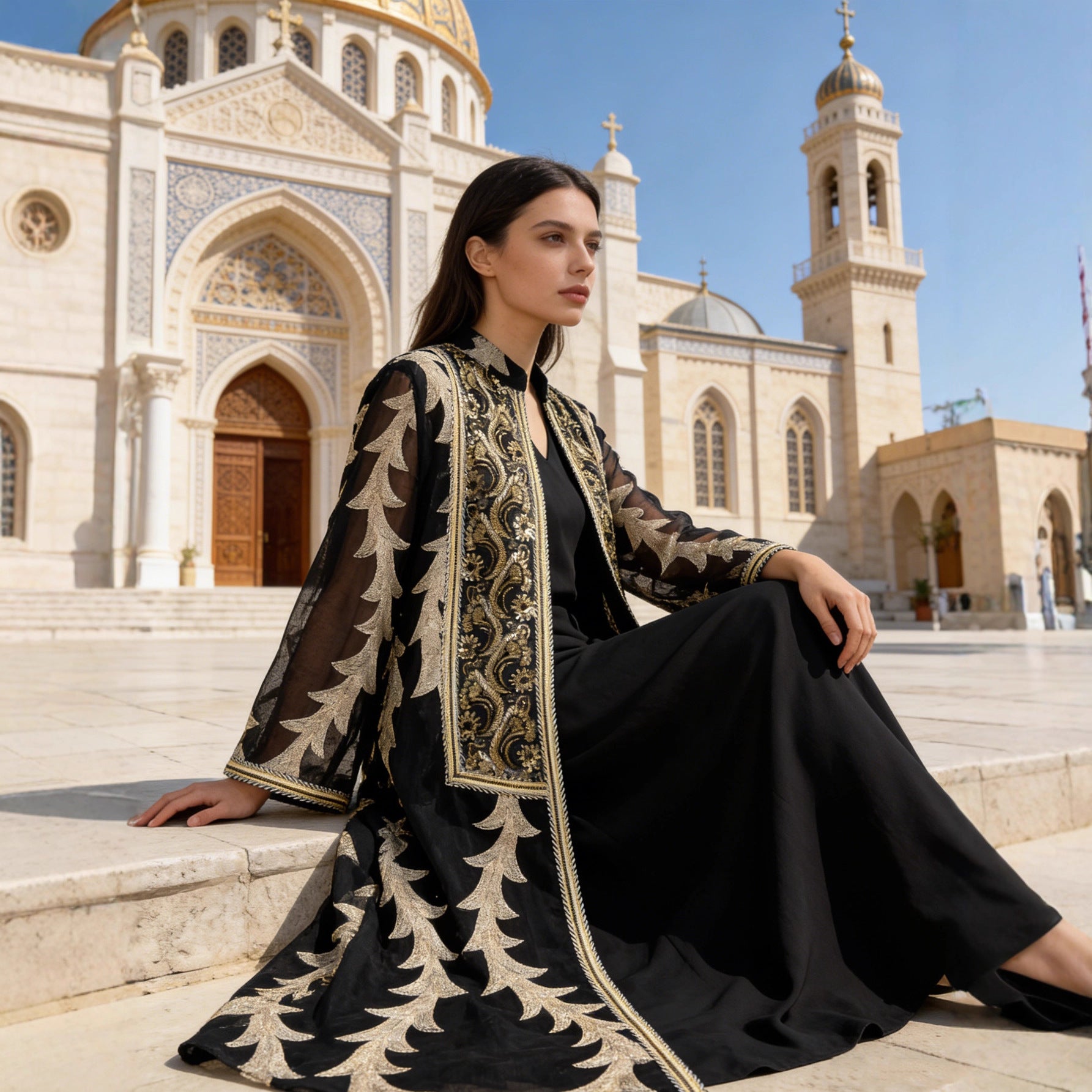 Heavy Beaded Sequin Embroidered Mesh Two-Piece Set Muslim Women Modest Maxi Abaya Jalabiya Kaftan Dress for Eid Ramadan