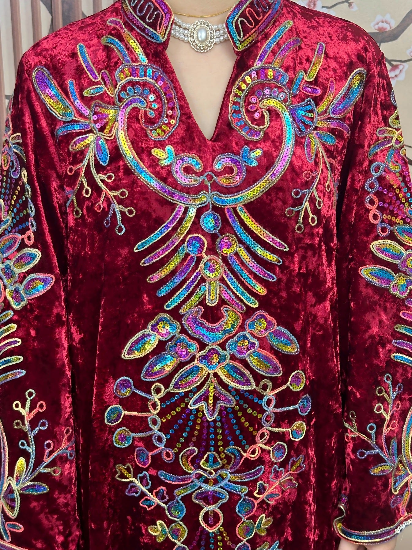 Burgundy Luxury Velvet Premium Oriental Craft Stand Collar V Notch Open Front Modest Maxi Tunic Thick Ice Velvet Plush Textile All Over Iridescent Rainbow Sequin Phoenix Bird Floral Heavy Embroidery Mandarin High Collar Full Front Colorful Shiny Rhin