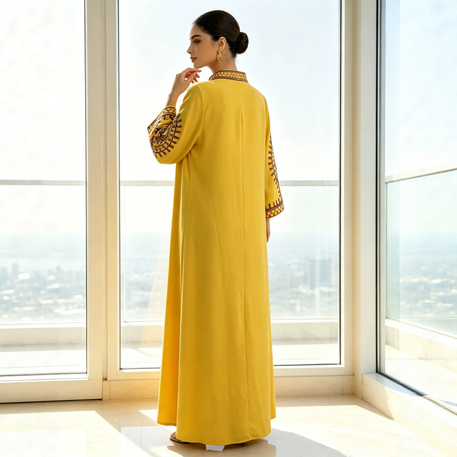 Cord Embroidered Ethnic Kaftan Robe Dress Jalabiya Modest Long Maxi Gown for Muslim Women Eid Ramadan Celebration S-XXL