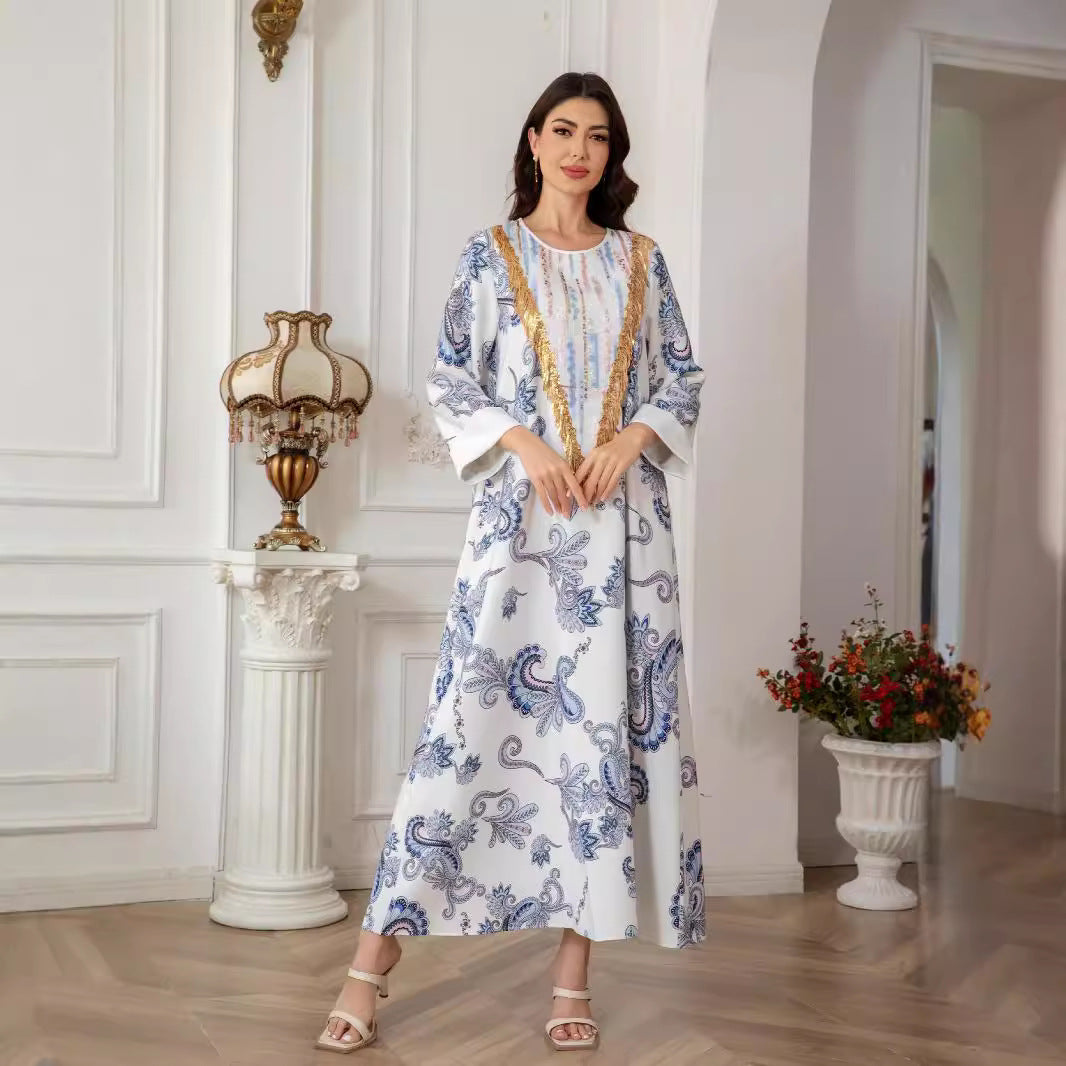 White Floral Print Evening Maxi Abaya Dress - Modest Long Sleeve Robe