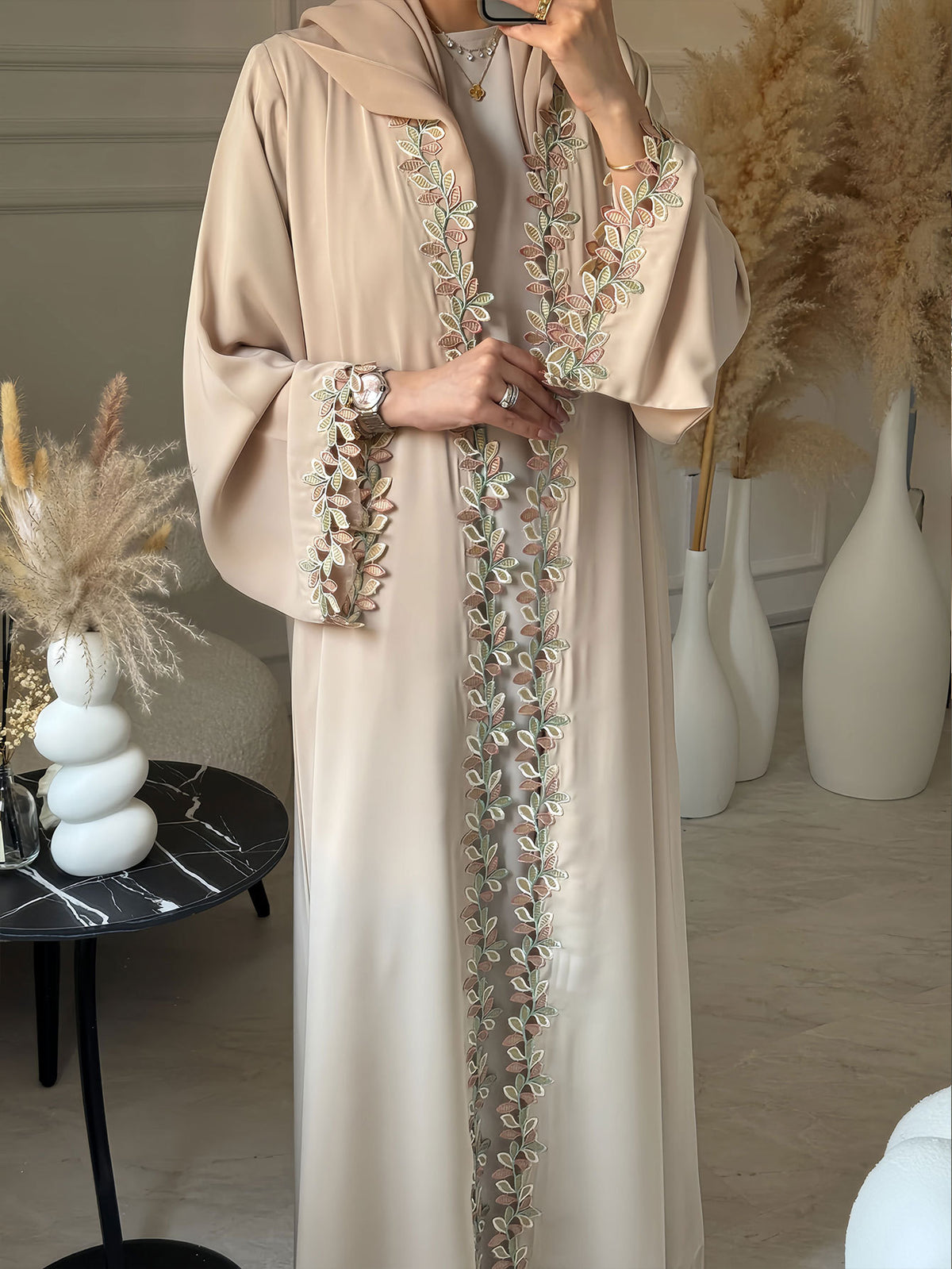 Delicate Lace Trim Embroidered Open Front Abaya Cardigan Modest Long Maxi Gown for Muslim Women Festive Banquet Party - 216