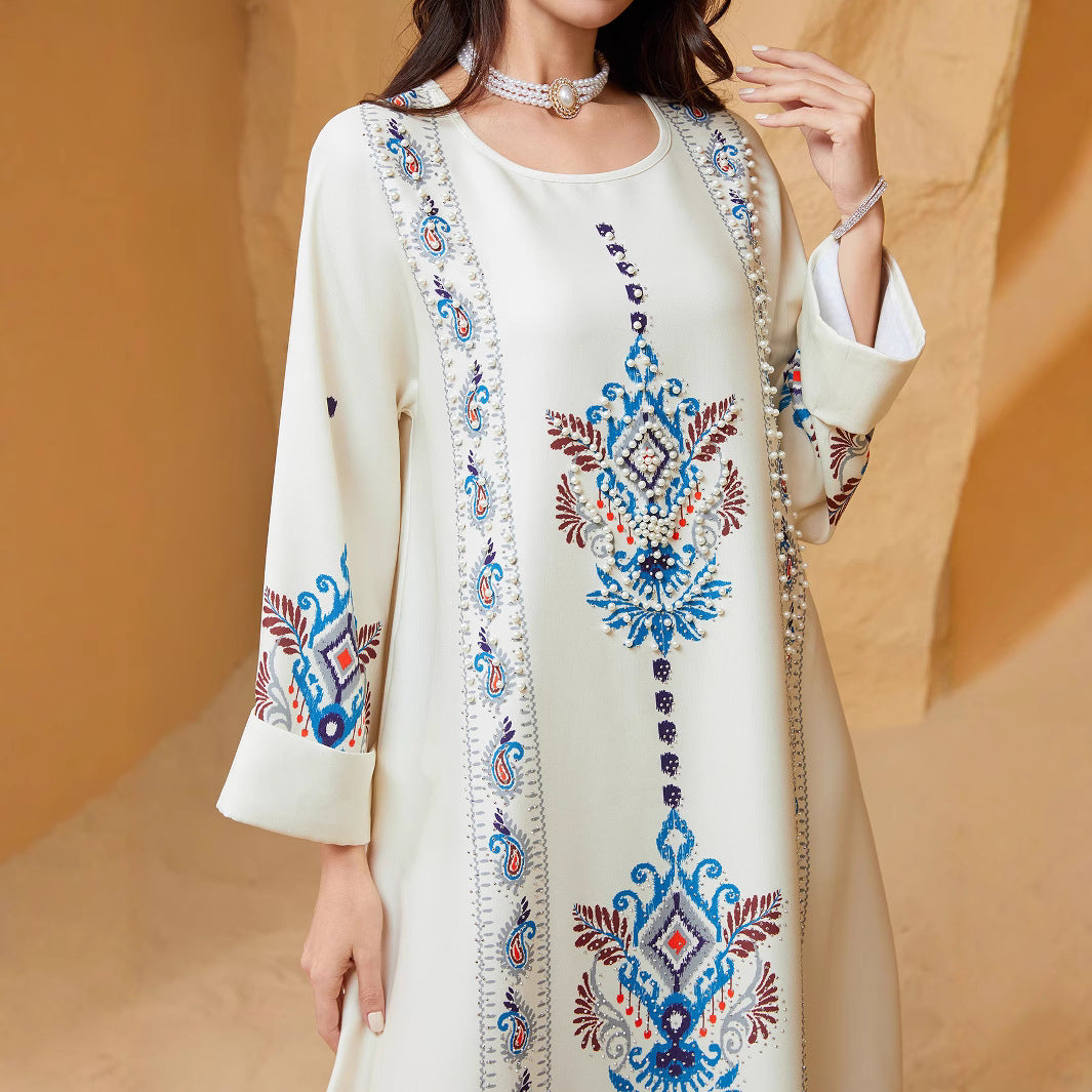 White Printed Abaya Maxi Dress - Flowing Modest Muslim Robe