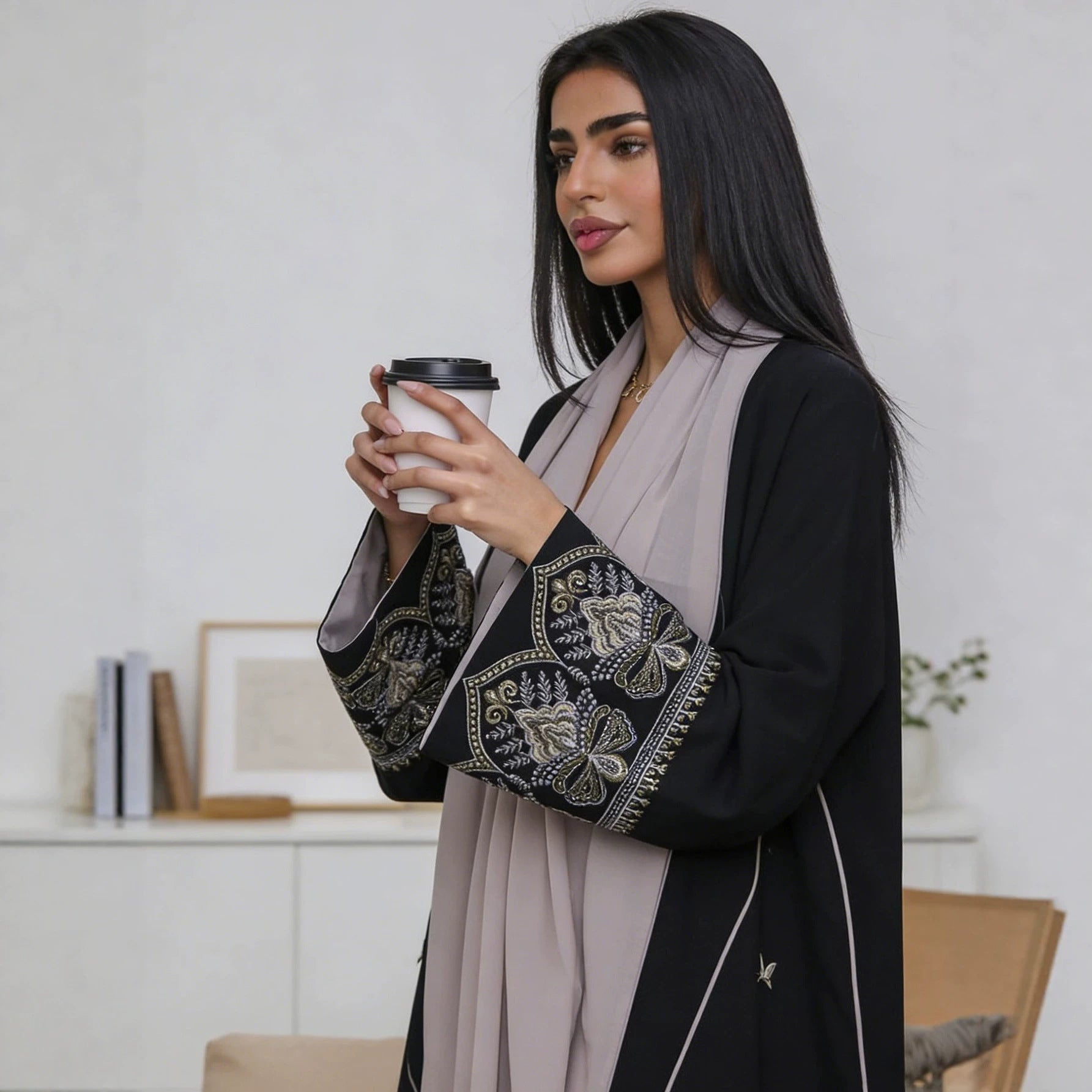 Embroidered Open Front Abaya Cardigan Modest Long Maxi Dress Jalabiya for Muslim Women Eid Ramadan Party Daily Wear One Size