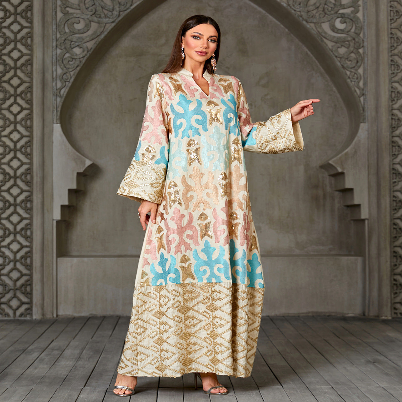 Apricot Sequin Embroidered Patchwork Beaded Long Jalabiya Modest Maxi Dress for Muslim Women Eid Ramadan Robe Gown with Lace Trim