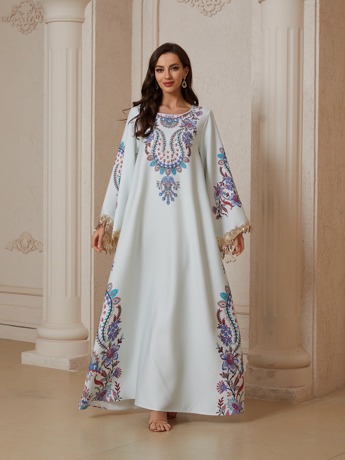 Women Round Neck Paisley Floral Embroidery Abaya Gold Sequin Fringe Wide Flare Sleeve Maxi Jalabiya White Crepe Ethnic Modest Gown For Eid Mubarak Ramadan Wedding Evening Party