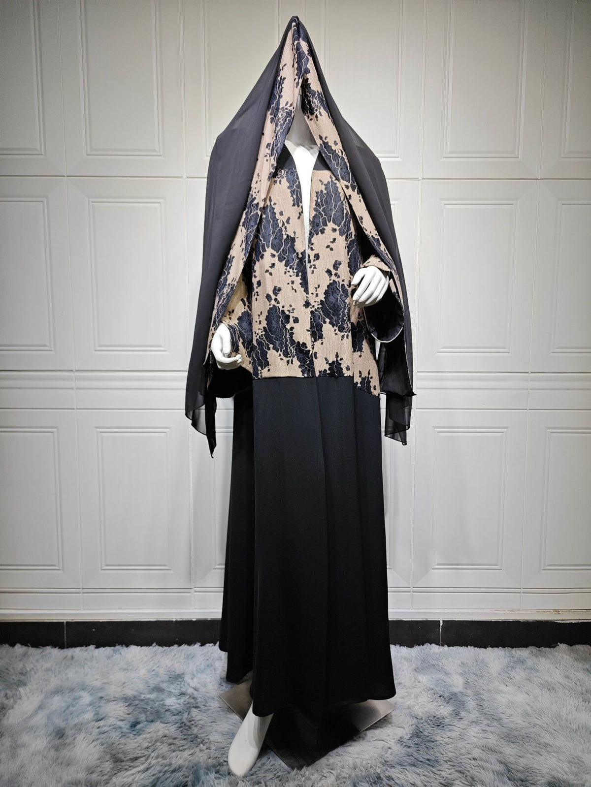 Black Lace Patchwork Open Outerwear Maxi Dress with Hijab Two-Piece Set Jalabiya Modest Long Dress for Eid Ramadan Festive Celebration S-XXL