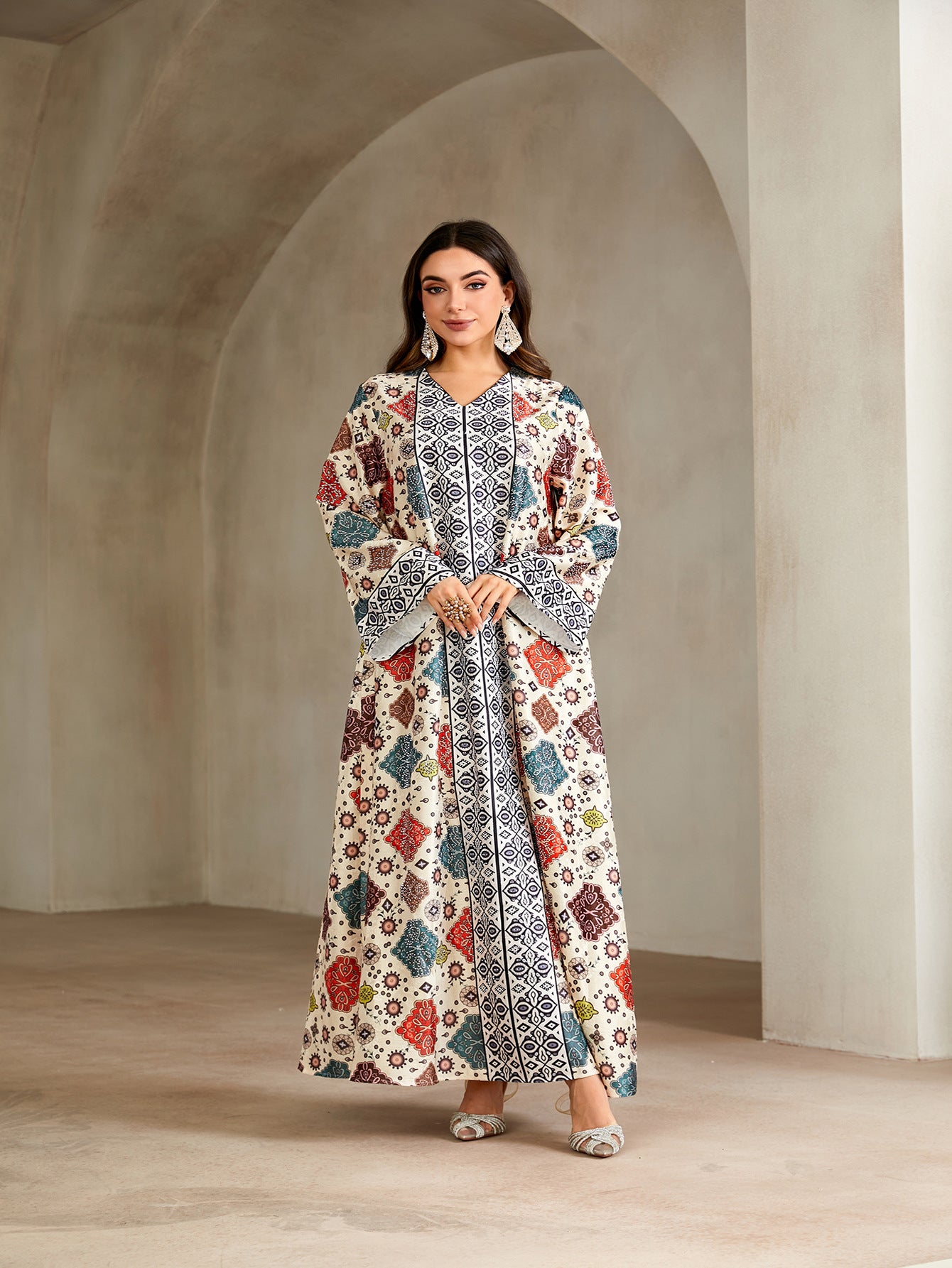 Ethnic Geometric Print Rhinestone Embellished Gown Jalabiya Modest Straight Maxi Dress for Muslim Women Eid Ramadan S-XXL