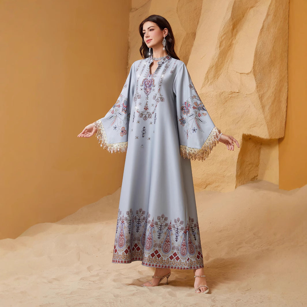 Refined Silver Grey V-Neck Tassel Evening Gown Maxi Abaya Ramadan