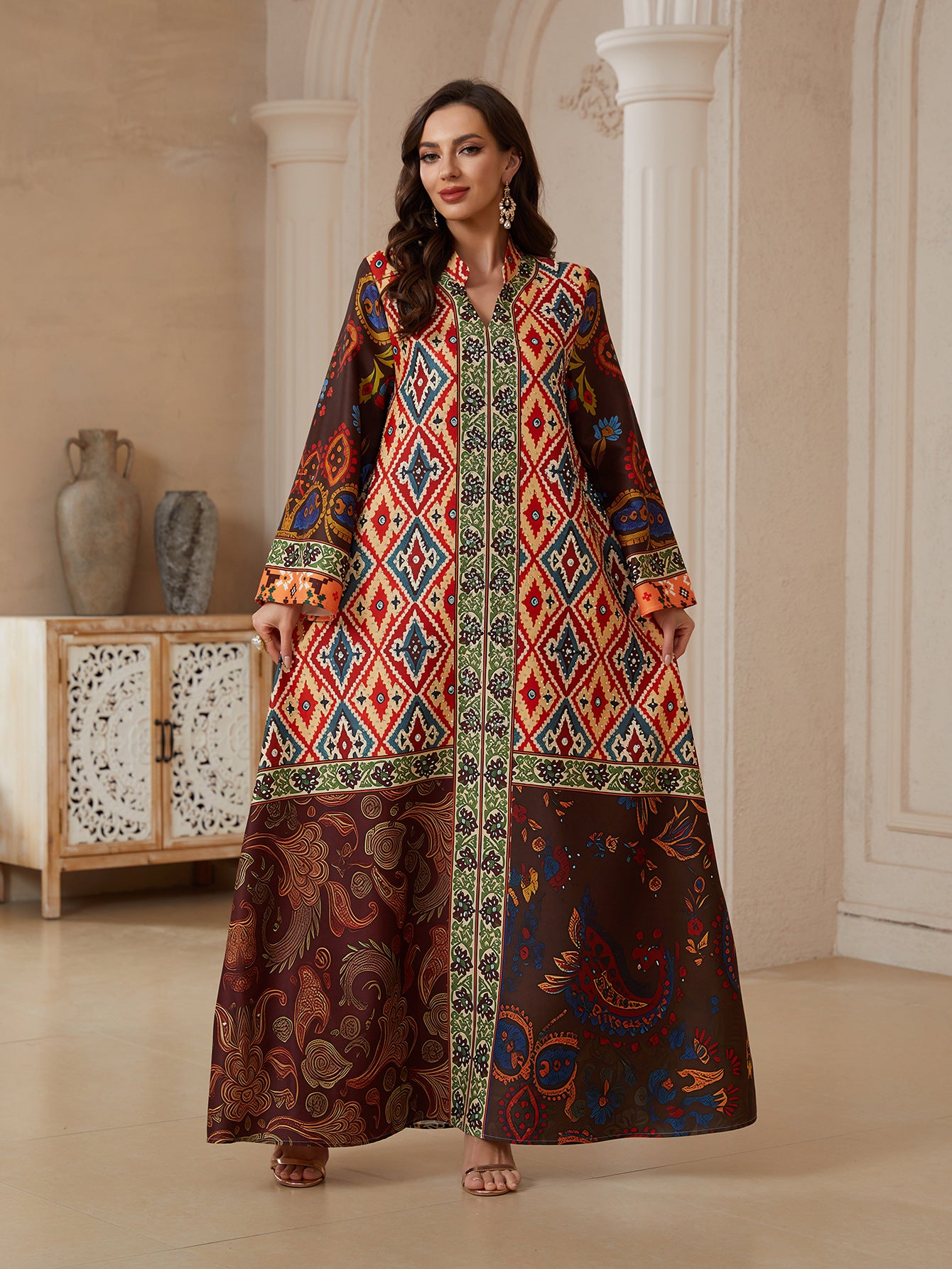 Floral Print Rhinestone Abaya Dress - Modest Muslim Ramadan Eid