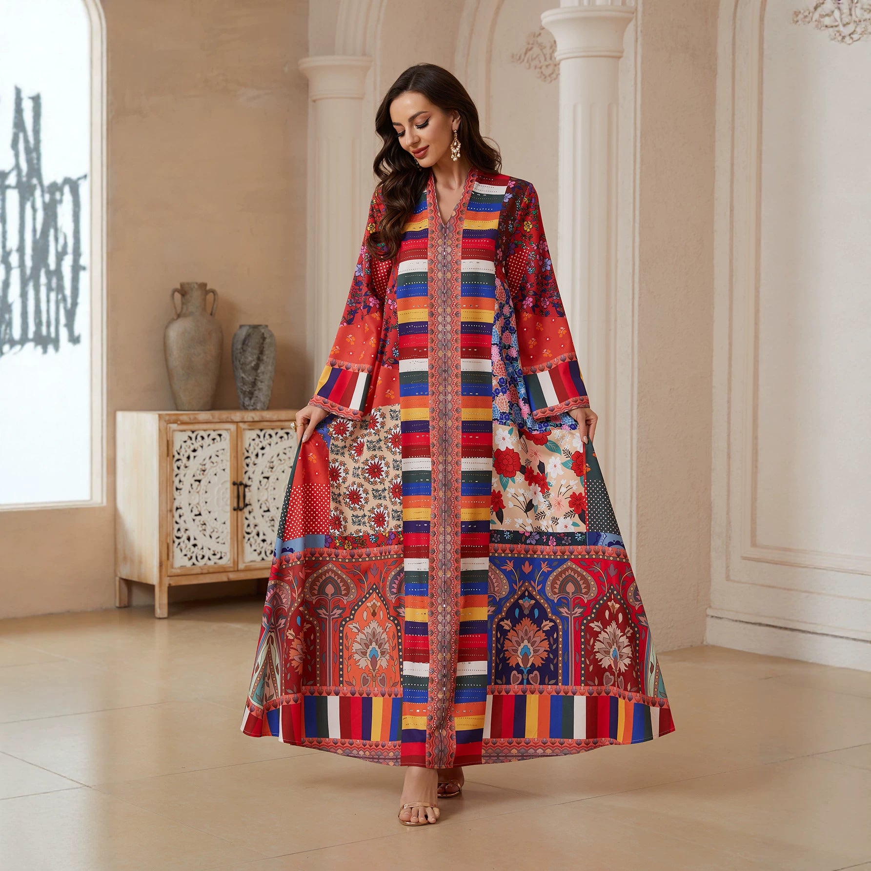 Red Printed Rhinestone Jalabiya - Ethnic Pullover Modest Dress