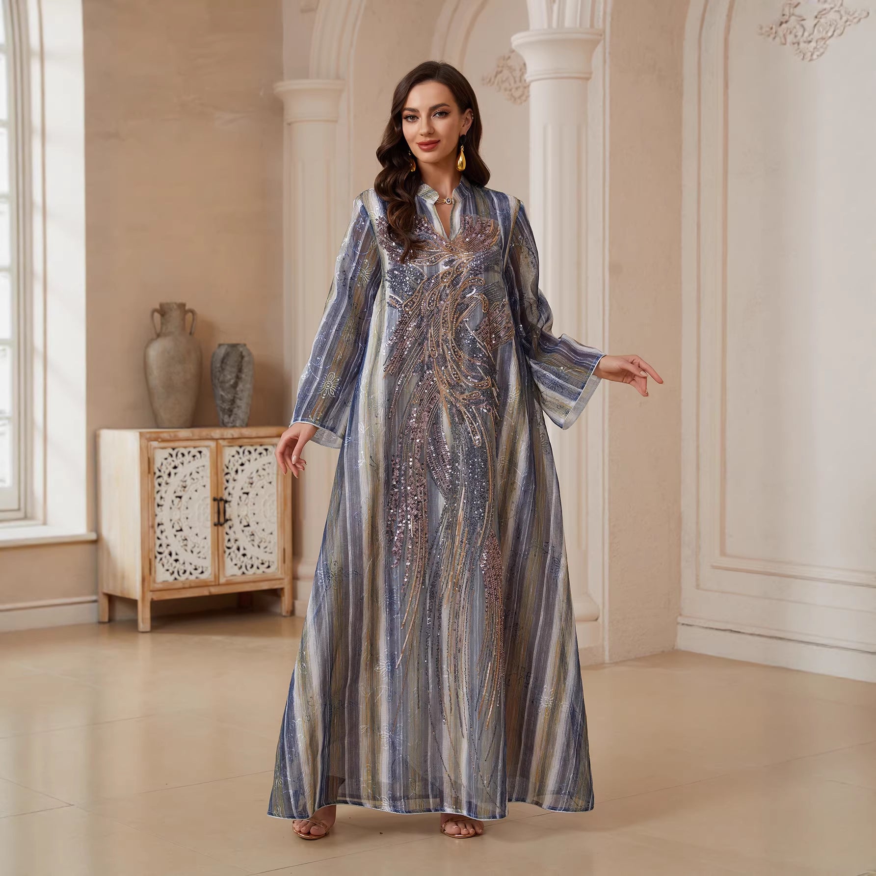 Gradient Stripe Sequin Embroidery Abaya For Women Stand Collar Flare Long Sleeve Dubai Luxury Muslim Kaftan Modest Maxi Dress For Eid Ramadan Wedding Evening Party