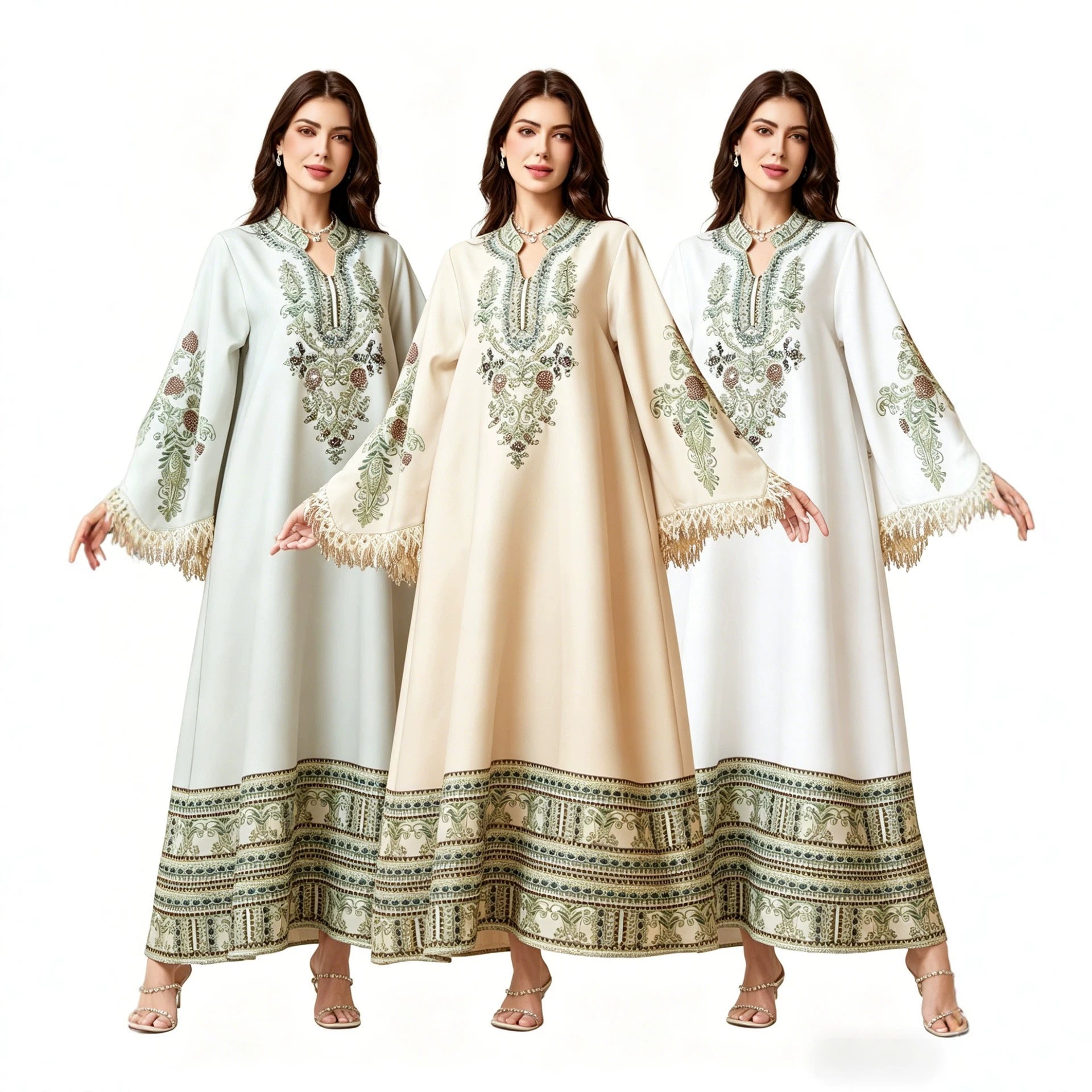 Vibrant 3-Color Floral Kaftan – Modest Muslim V-Neck Maxi