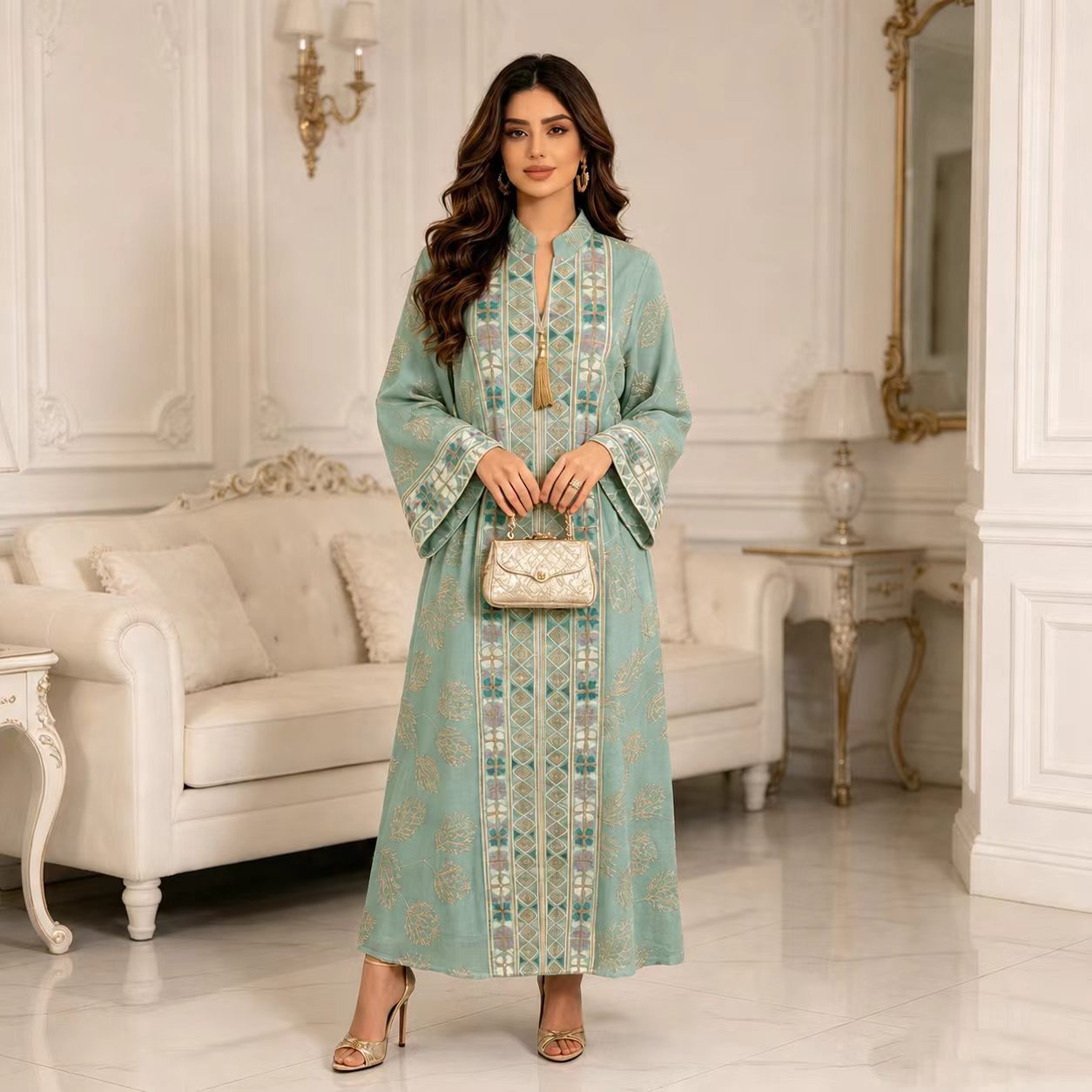 Black Cyan Ivory Peach V-Neck Heavy Embroidered Maxi Abaya Dress