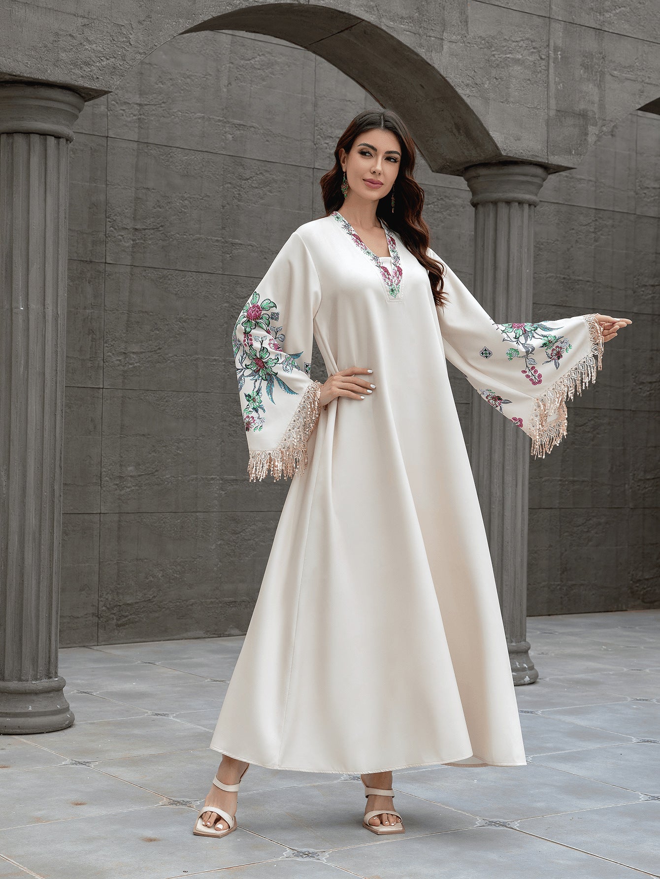 Graceful Apricot V-Neck Kaftan – Muslim Embroidered Long Dress