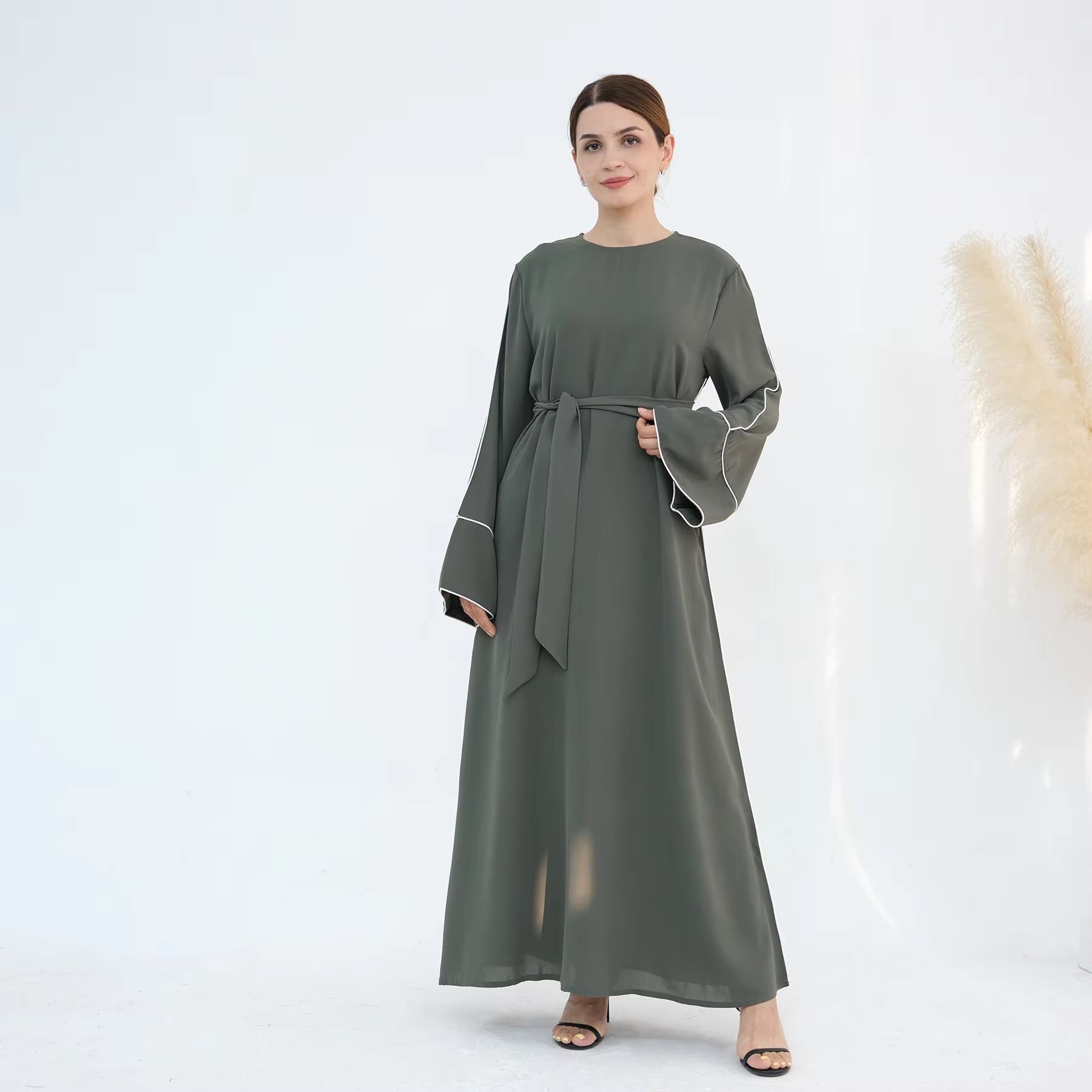 Coffee and Green Tie-Waist Maxi Abaya Dress with Belt